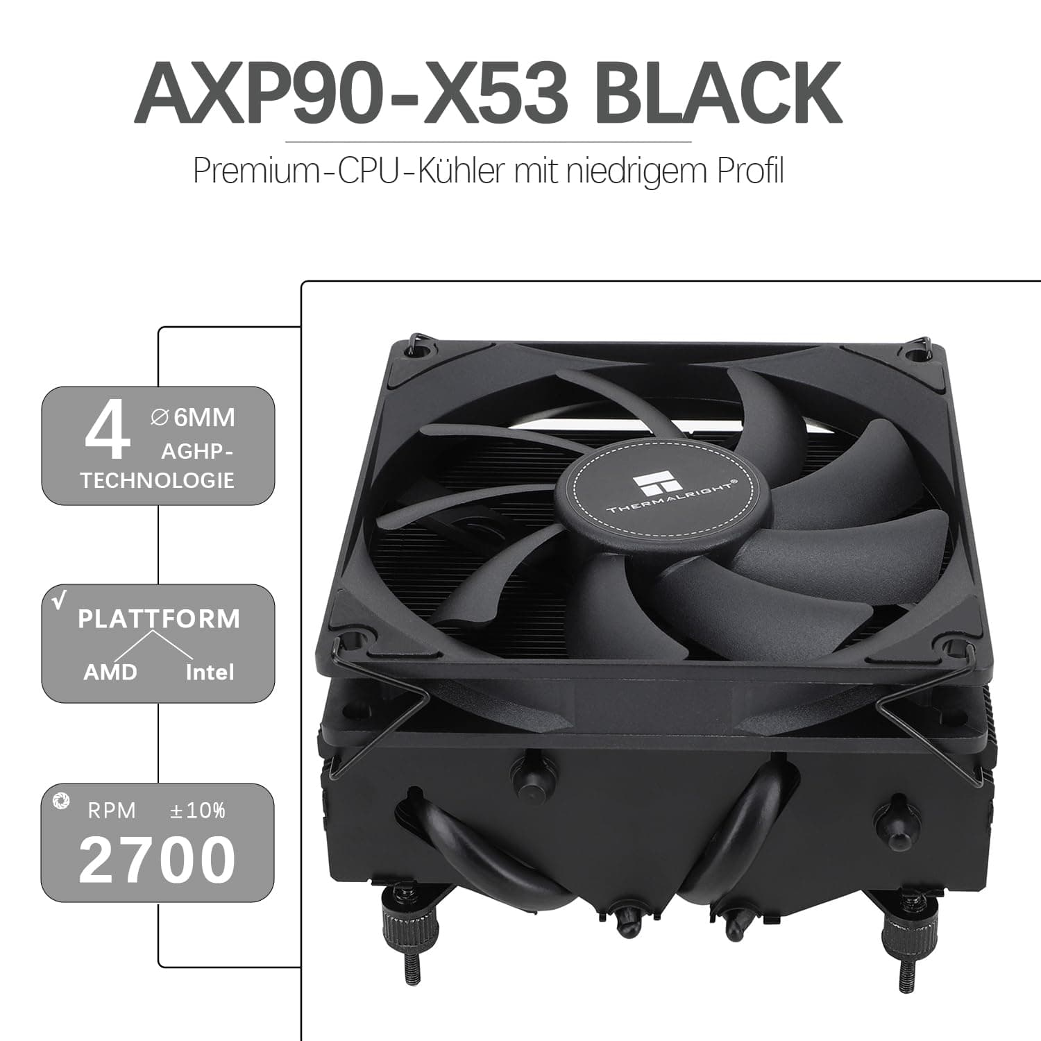 TR-Thermalright AXP90 X53 Black CPU-Kühler-53mm Höhe, leiser 92mm Low Profile Lüfter-2700U/min, für AM4/AM5,Intel LGA1851/1700/115x/1200,Niedriges Profil ITX PC Kühler-Schwarz 53mm Schwarz Bild 2