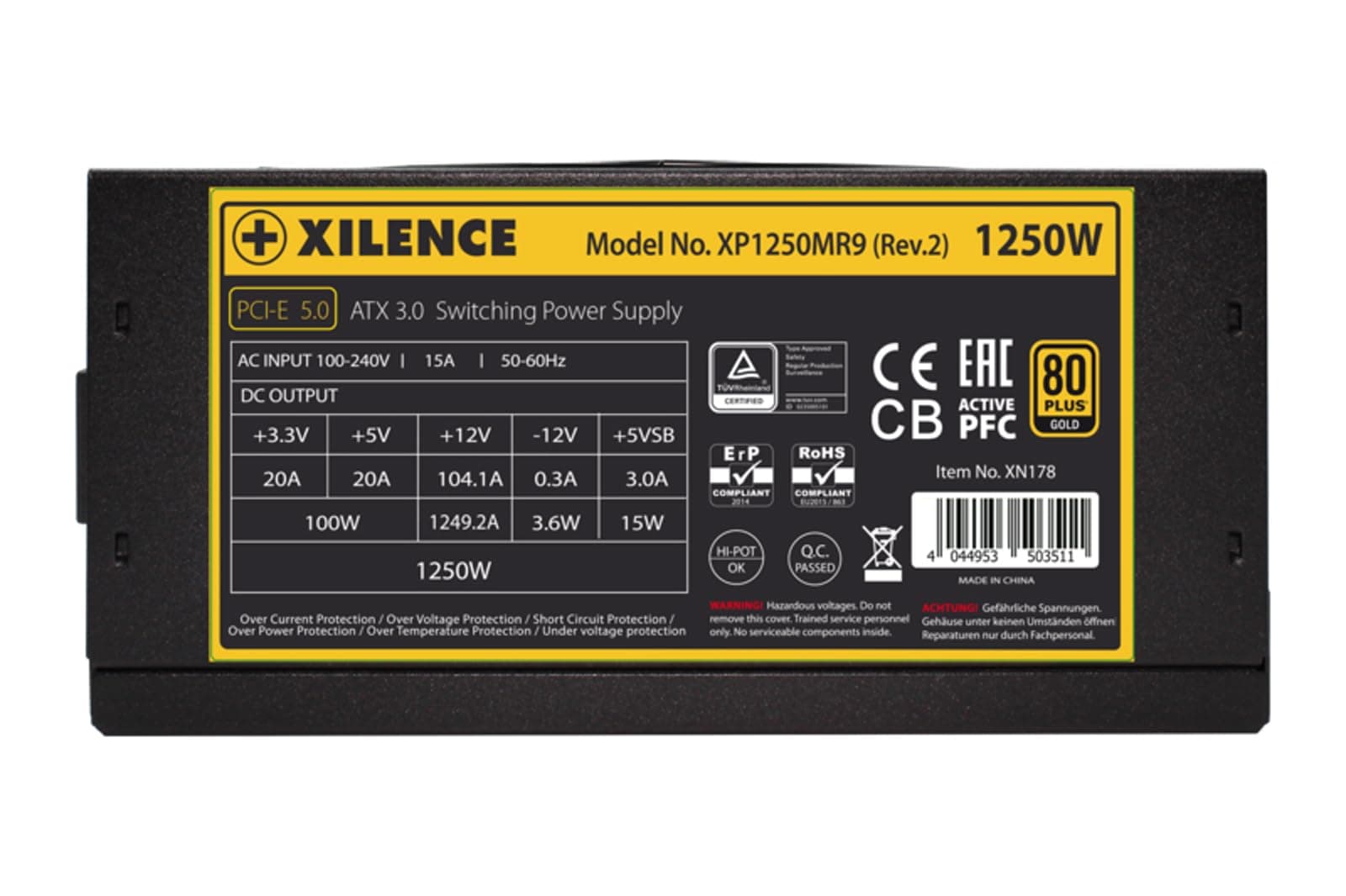 Xilence XP1250MR9.2 1250W leises PC Netzteil, ATX 3.0 PCI-E Gen 5.0, 80+ Gold, Voll Modular, Gaming, edle Flachbandkabel, 1x20+4PIN, 1x4+4PIN, 1x8PIN, 1xVHPWR, 3xPCI-E 6+2PIN, 4xIDE, 12xSATA, schwarz Bild 3