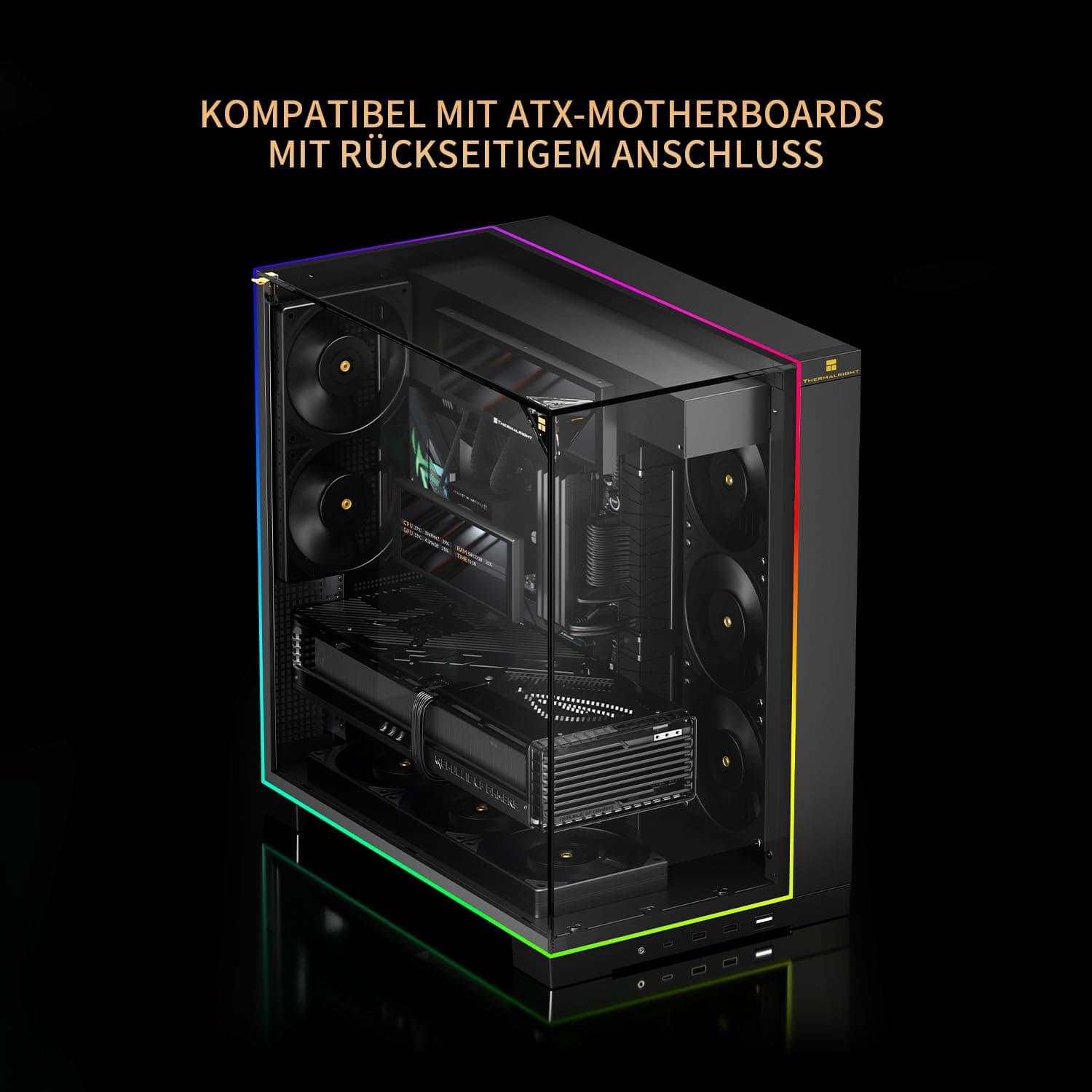 TR A70 ARGB Schwarzes ATX Gaming-Gehäuse, dreiseitiges säulenlosem Panoramaglas-Panel, 8 CPU-Lüfterplätze, 4-Wege-Luftzirkulation, werkzeuglose vertikale Fallschutz + panoramische Lichtleiste. Bild 7