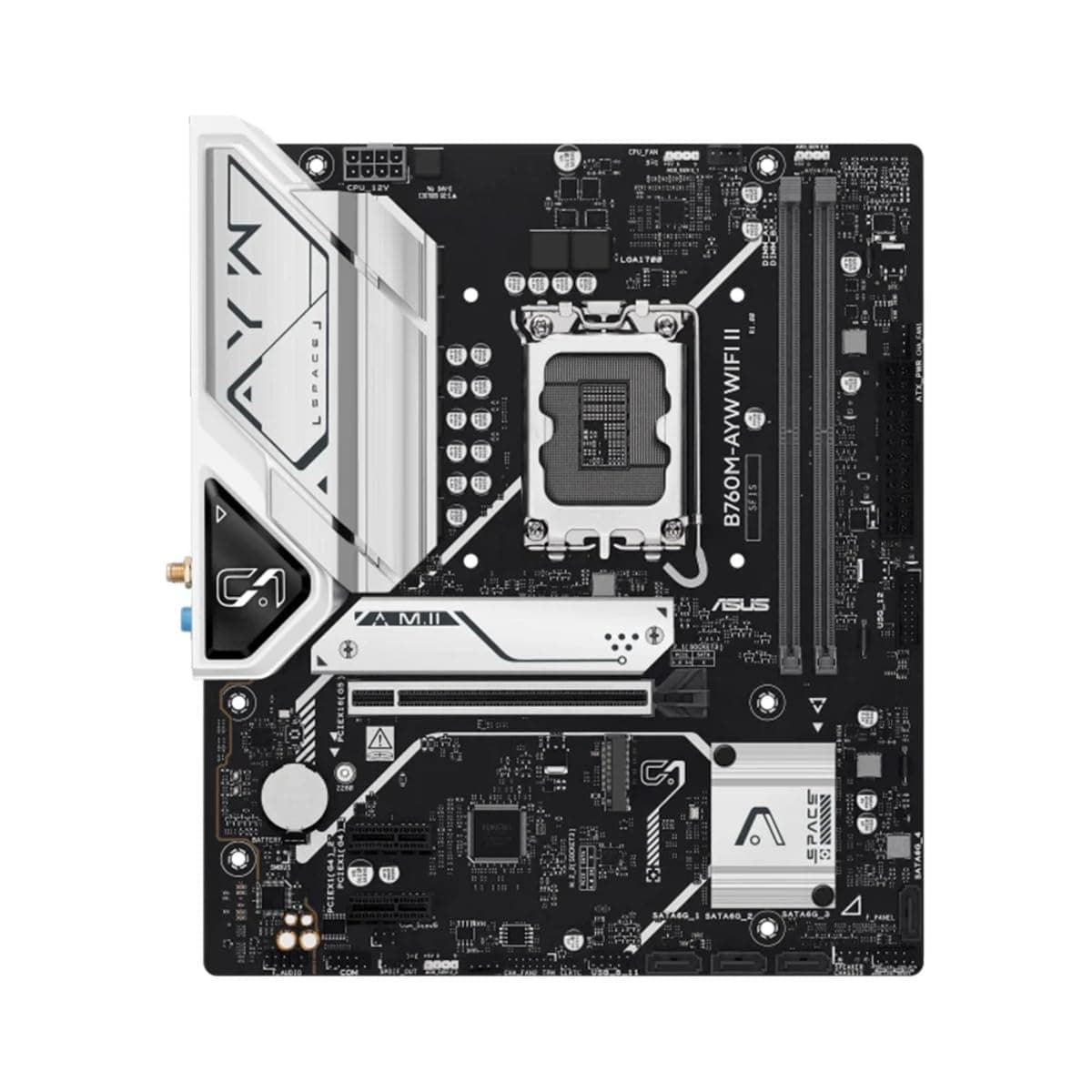 ASUS B760M-AYW WiFi II, Motherboard Intel mATX, LGA 1700, DDR5-Slot, PCIe 5.0, Zwei M.2-Steckplätze, Ethernet Realtek 2,5 GB, Wi-Fi 6, HDMI 2.1, SATA 6 Gbit/s, vordere USB-Anschlüsse 5 Gbit/s, Aura Bild 3