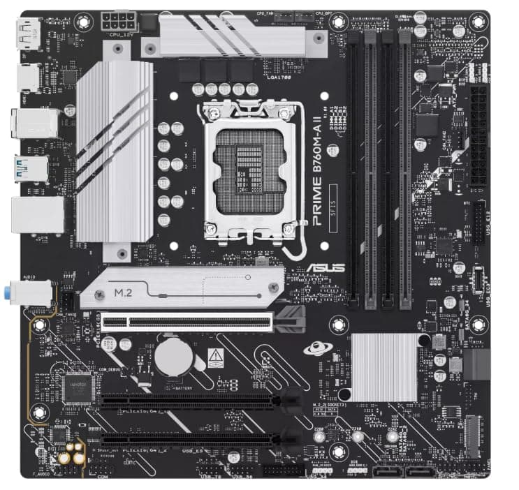 ASUS Prime B760M-A II-CSM mATX-Mainboard (LGA 1700, DDR5, PCIe 5.0, Zwei M.2-Steckplätze, Realtek 2.5Gb Ethernet, DisplayPort, HDMI, SATA 6 Gbps, USB 10Gbps Type-A, USB 5Gbps Type-C, Aura Sync)