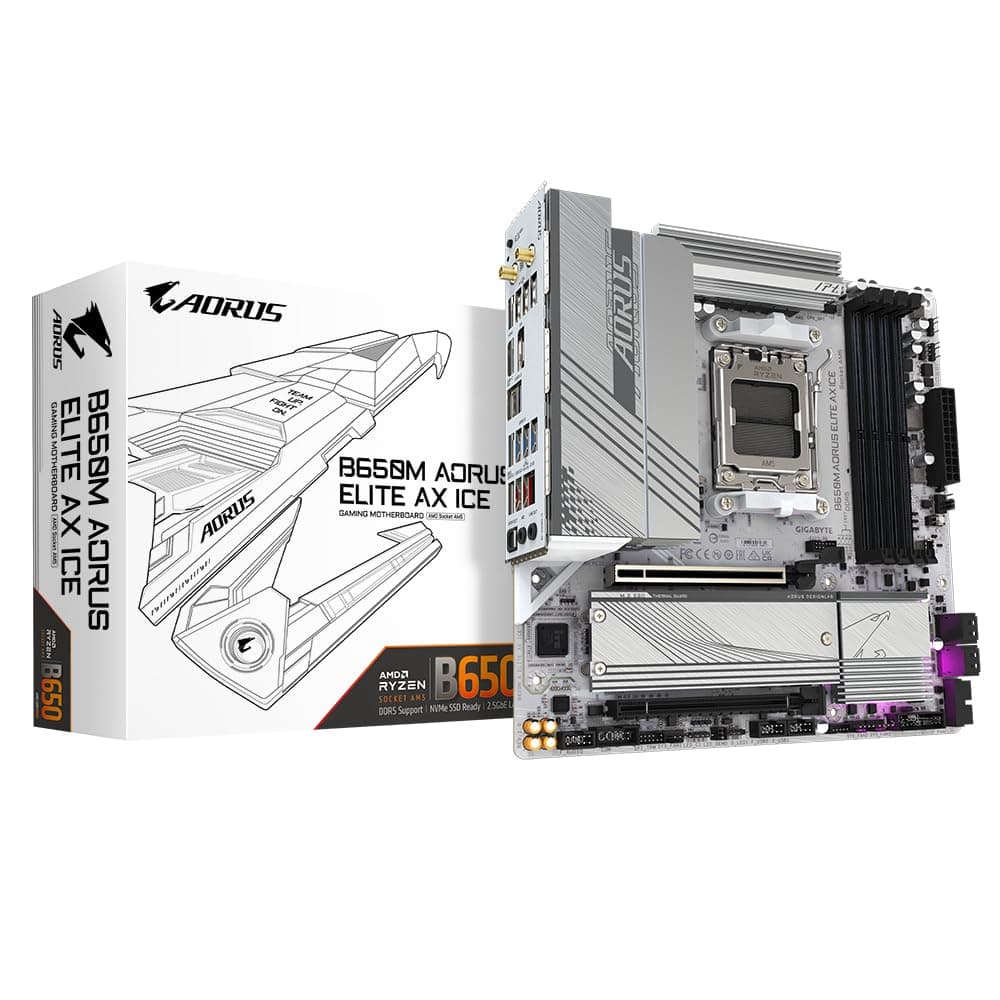 GIGABYTE B650M AORUS Elite AX Ice Mainboard - AMD Ryzen 9000er-Serie, 12+2+2 Phasen VRM, bis zu 8000 MHz DDR5 (OC), 1xPCIe 5.0 + 1xPCIe 4.0 M.2, 2,5 GbE LAN, WiFi 6E, USB 3.2 Gen 2x2 Bild 2