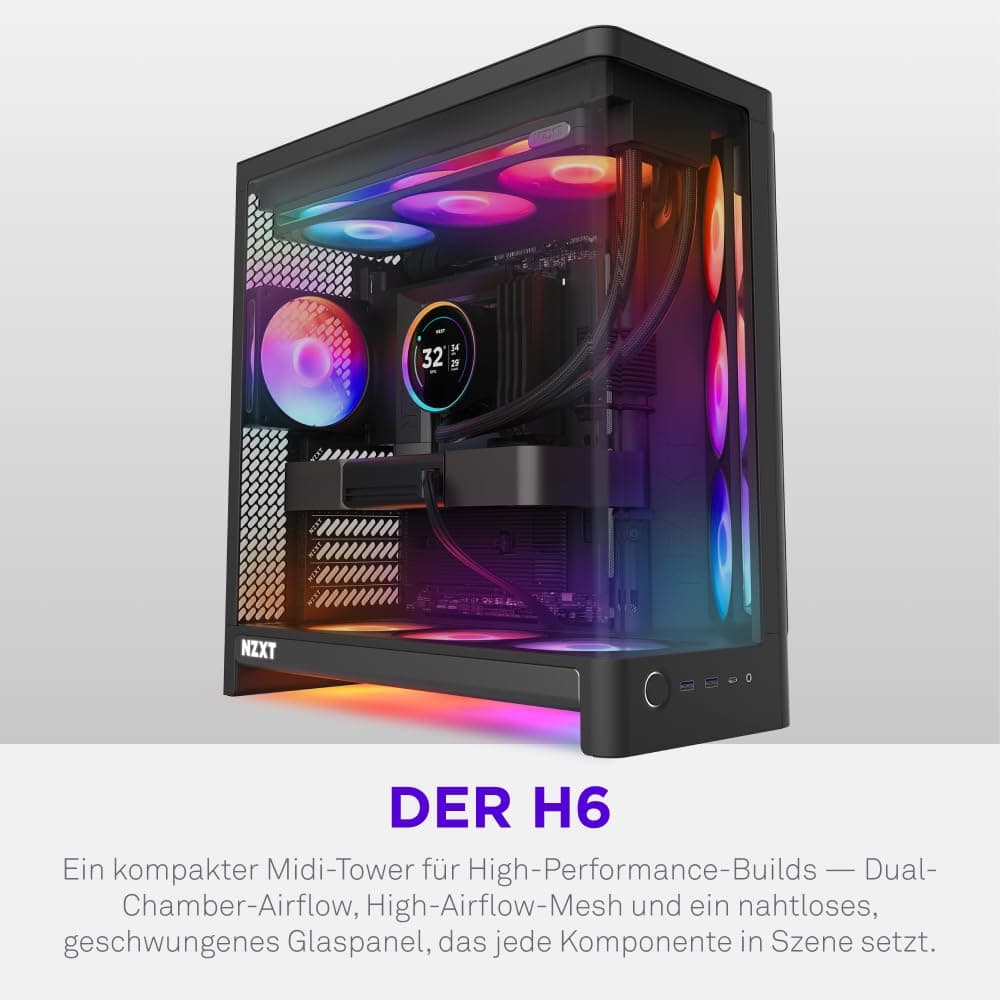 NZXT H6 RGB+ Kompaktes Dual-Chamber-ATX-PC-Gehäuse - Vorinstallierte RGB-Lüfter & Control Hub Lite - 360-mm-Radiator - Back-Connect-Ready - Nahtloses geschwungenes Glas - Schwarz Bild 3