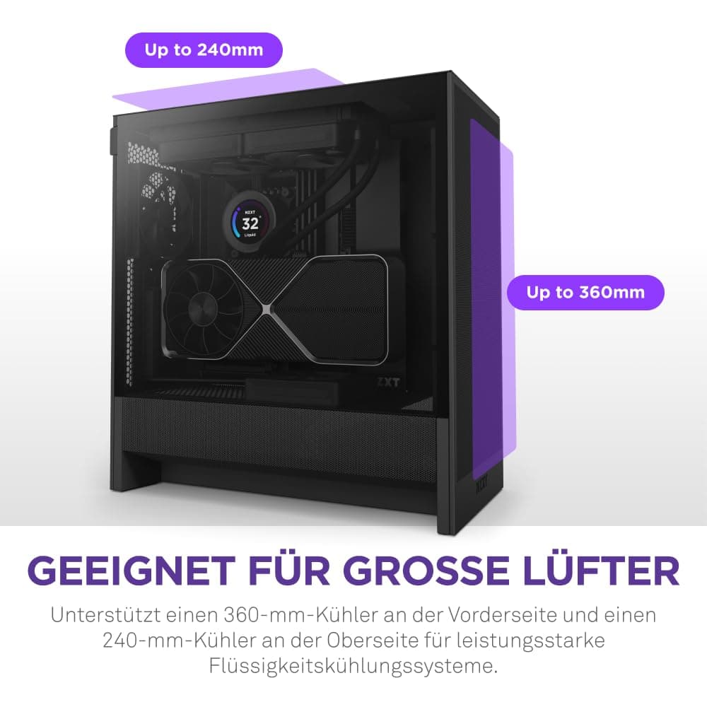 NZXT H5 Flow - Compact ATX Mid-Tower PC Gaming Case - High Airflow - 2 x 120mm Fans Included - 360mm Front & 240mm Top Radiator Support - Cable Management System - Tempered Glass - Black Flow Schwarz Bild 7