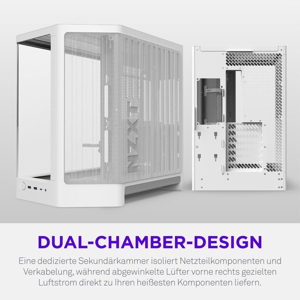 NZXT H6 Kompaktes Dual-Chamber-ATX-PC-Gehäuse - Unterstützung für 10x 120-mm-Lüfter - 360-mm-Radiator - Back-Connect-Motherboard-Ready - Nahtloses geschwungenes gehärtetes Glas - Weiß Bild 5