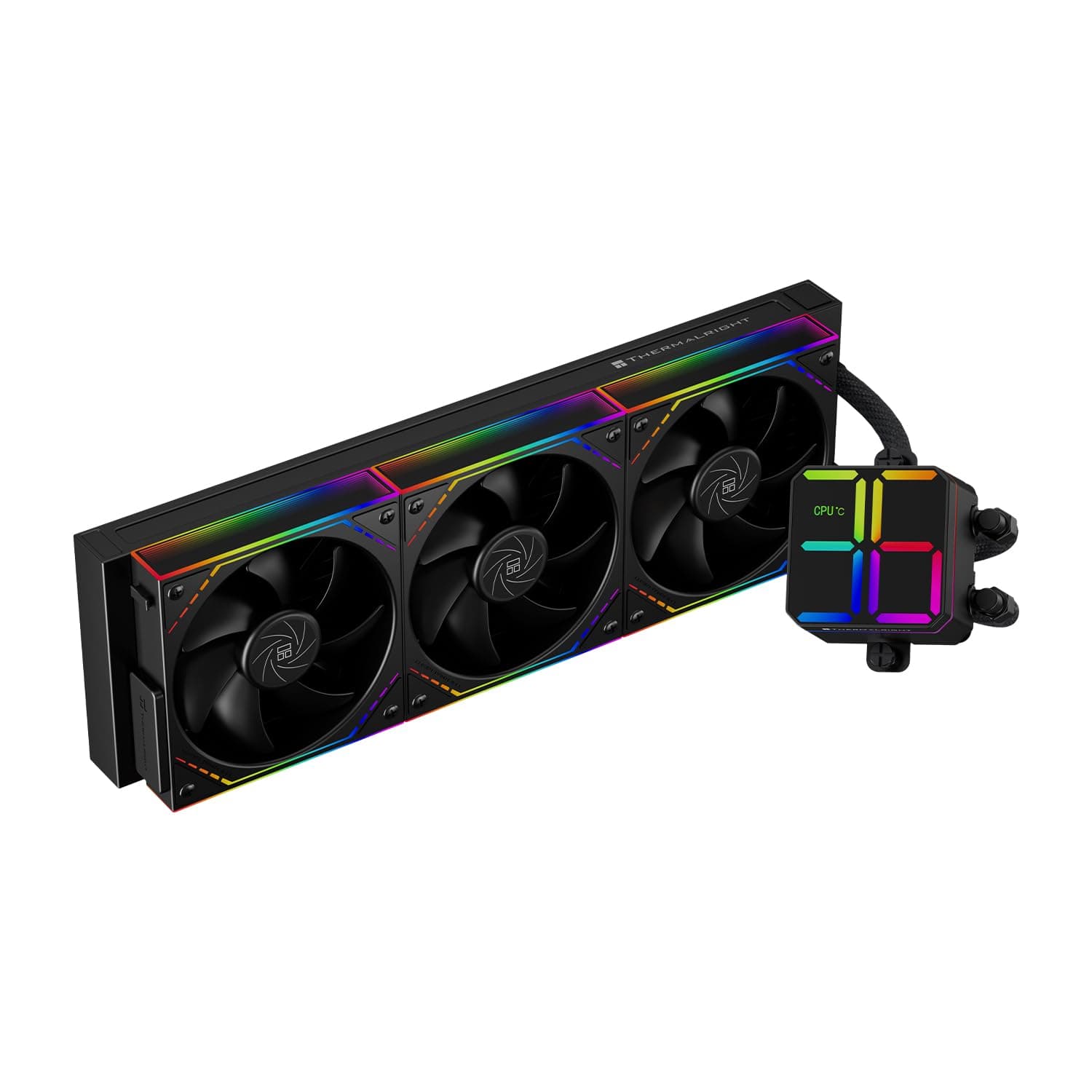 Thermalright Magic Qube 360 ARGB Black CPU-Flüssigkeitskühler, 360 Aio CPU-Kühler, drei TL-M12Q PWM-Lüfter, Digitalanzeige-Kühlerkopf, für AM4/AM5, Intel LGA1851/1700/1150/1151/1200 Schwarz