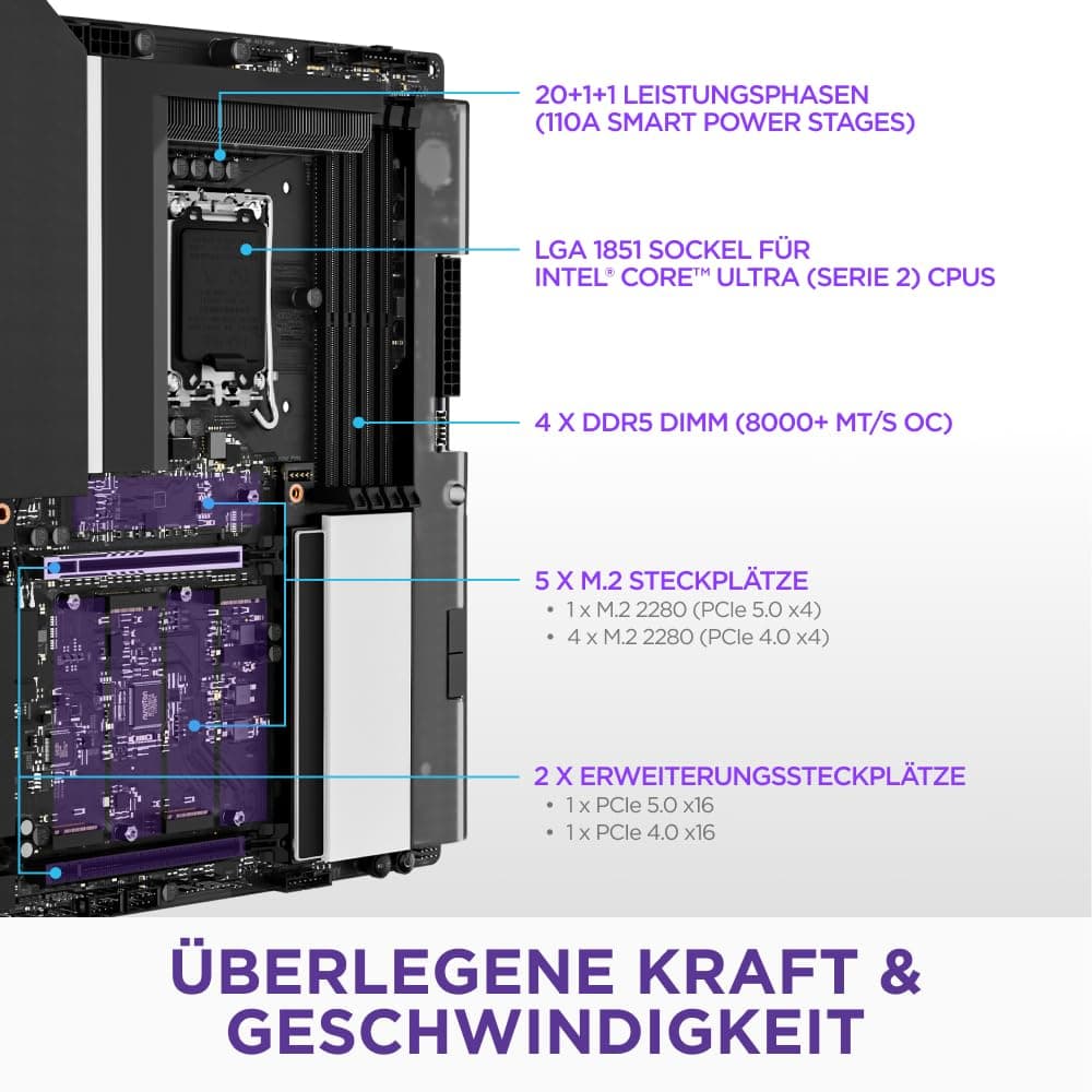 NZXT N9 Z890 - Intel Z890 LGA 1851 ATX Gaming-Mainboard für Core Ultra (Serie 2) - 20+1+1, DDR5, 5X M.2, PCIe 5.0, Wi-Fi 7, 5GbE, Thunderbolt 4 - RGB, Vollmetallabdeckung - Schwarz Intel Z890 Chipset N9 Schwarz Bild 3