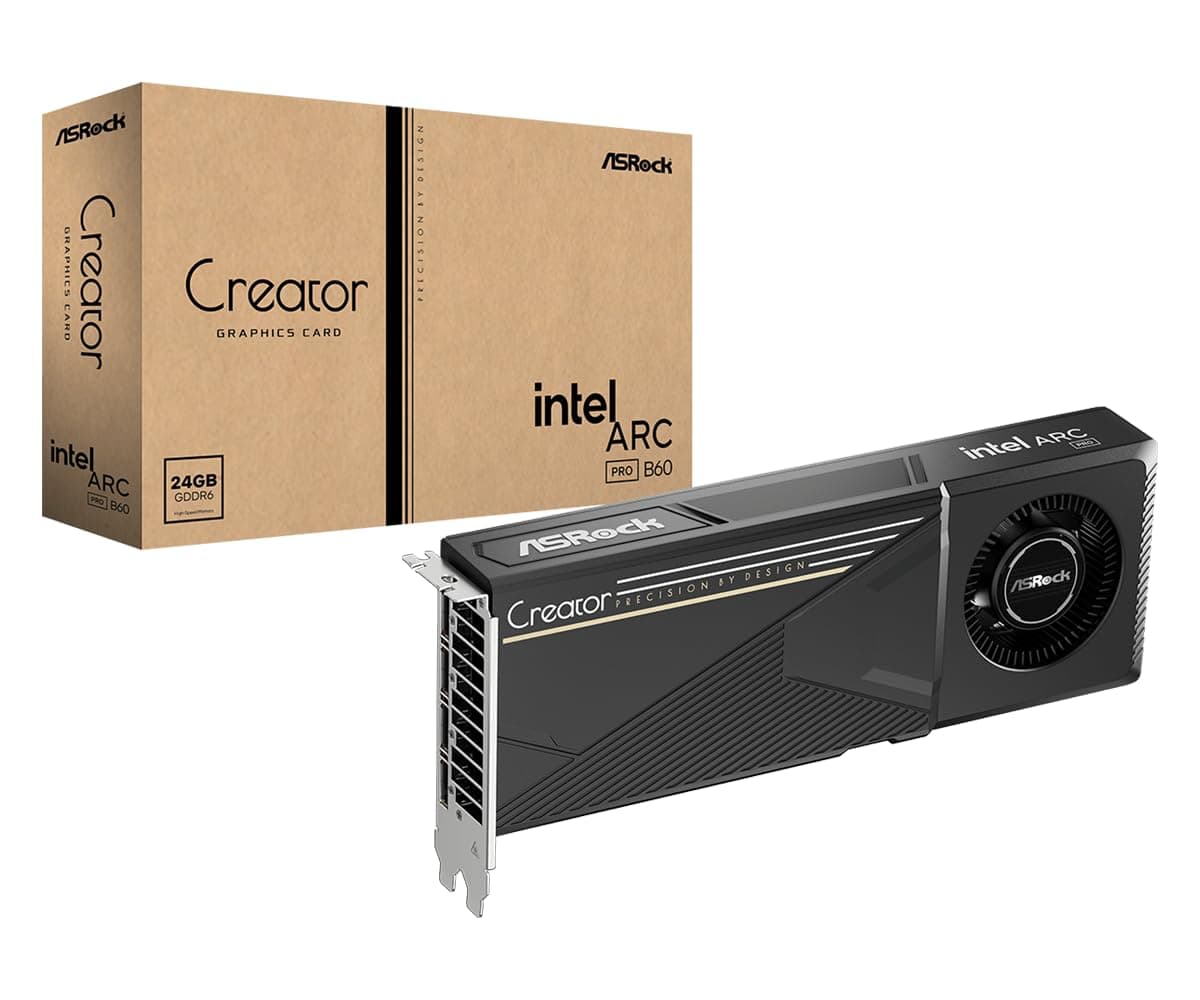 ASRock Intel ARC Pro B60 Creator 24 GB Grafikkarte, Intel Xe2-HPG Architektur, 24 GB GDDR6, PCIe 5.0, 4X DisplayPort 2.1 Ports, Lüfterdesign, Silent Cooling 0dB