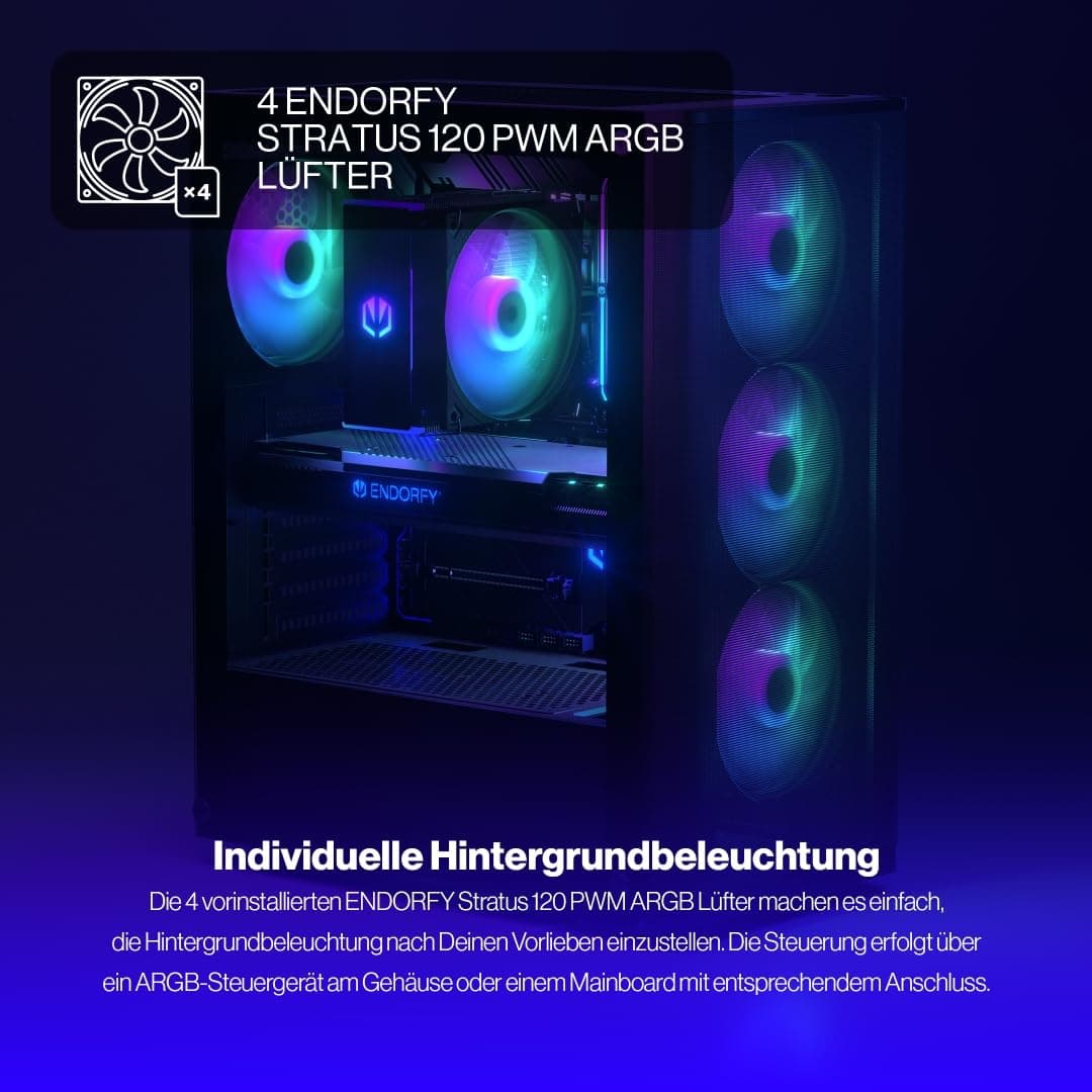 ENDORFY Ventum 200 ARGB PC-Gehäuse ATX mit Hartglas Seitenfenster | 4x Stratus 120 PWM ARGB Lüfter, PWM+ARGB Controller, Mesh Front, Radiator bis 360 mm, Schwarz Bild 5