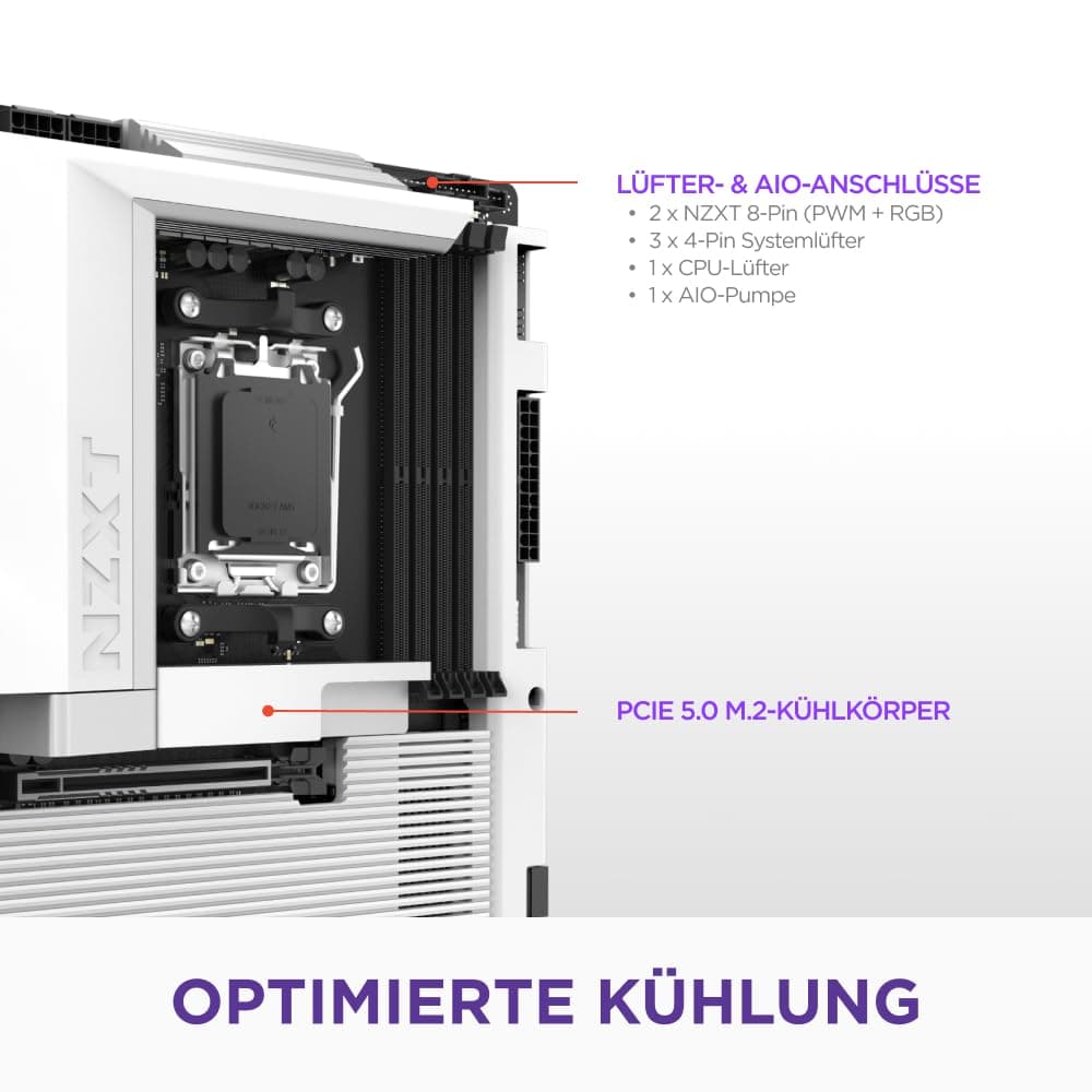 NZXT N7 B850 - AMD B850 AM5 ATX Gaming-Mainboard für Ryzen 9000/8000/7000 – 16+2+1, DDR5, 3X M.2, PCIe 5.0, Wi-Fi 6E, 2.5GbE, USB 4 – M.2 NVME mit Schnellverschluss – Vollabdeckung – Weiß Bild 5