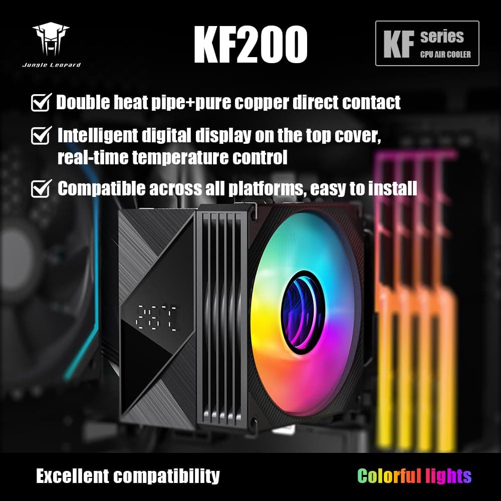 TZMRIT KF200 2 Heat Pipes Bunte LED CPU Kühler Schwarz,3PIN 2200RPM 34CFM 9CM Lüfter,für LGA115X/1200/17XX/1366,für FM1/FM2/AM2/AM3/AM4/AM5 Black Bild 3