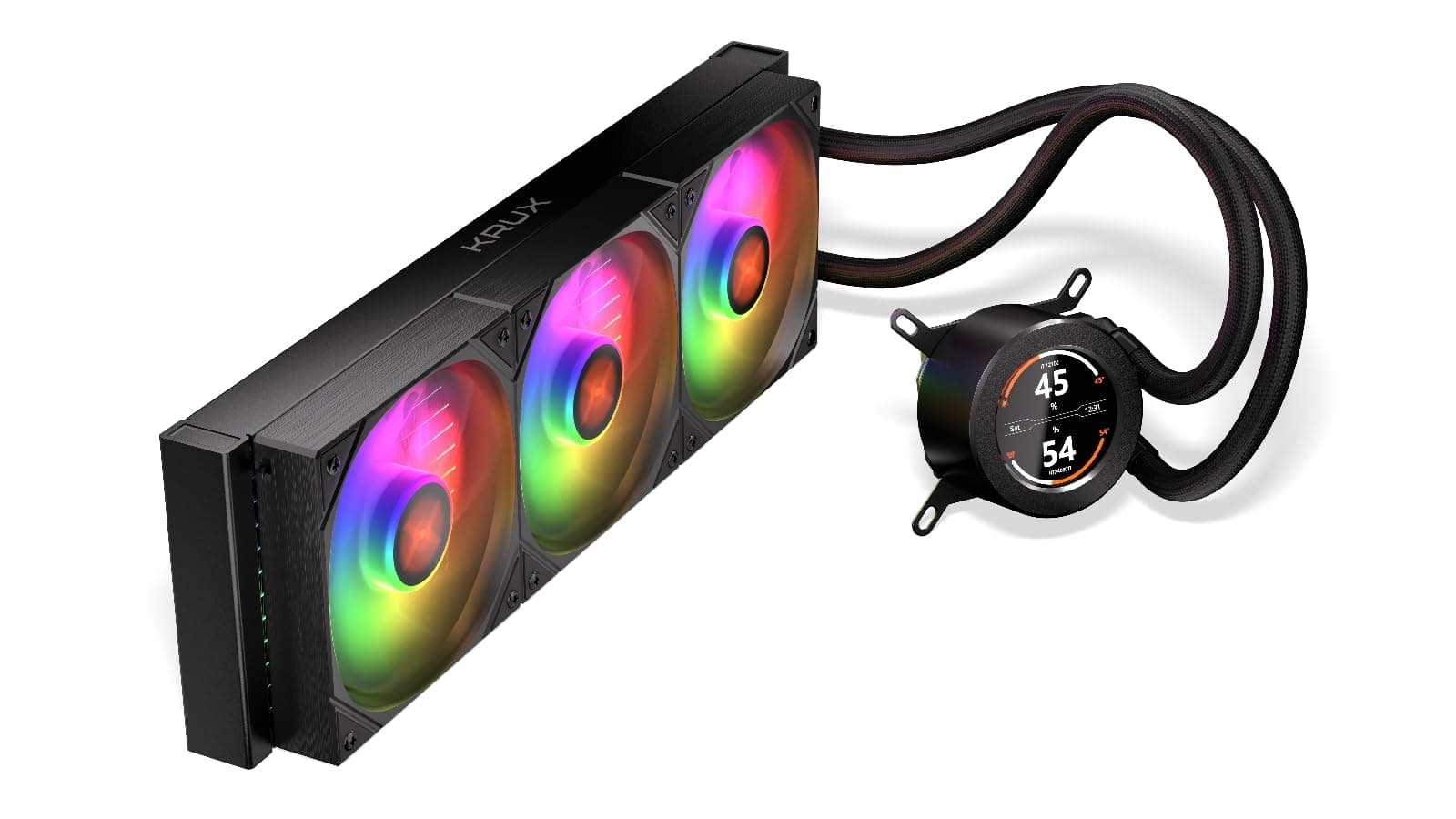 KRUX HydroGlance 360 ARGB LCD, AIO-Wasserkühlung für Prozessoren, personalisierbares LCD-Display, 360 mm, 3x120 mm ARGB-Lüfter, Kupfer-Wasserblock, kompatibel mit AM4, AM5, LGA1851, LGA1700, LGA1200 Bild 7