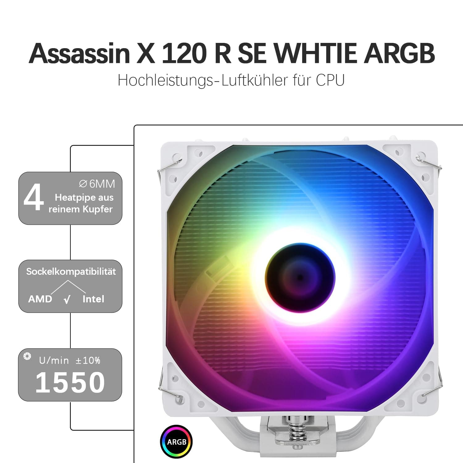 TR-Thermalright Assassin X 120R SE White ARGB CPU Kühler-4 Heatpipes, Ruhig 120mm CPU-Lüfter,1550U/min, für AM4/AM5, Intel LGA1851/1700/115x/1200, PC-Kühler-Weiß ARGB Assassin X 120 R SE White ARGB Bild 3