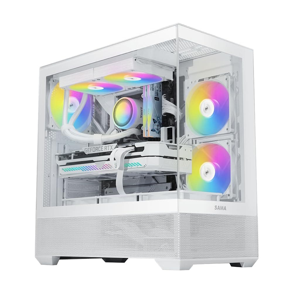 SAMA V40 Mid-Tower-ATX-Gehäuse – 6 × 120 mm ARGB-PWM-Lüfter vorinstalliert, doppelte Paneele aus gehärtetem Glas,Dual-Chamber-Design, USB 3.1 Type-C, 7 Slots, unterstützt ATX/mATX/ITX-GPUs, Weiß Bild 2