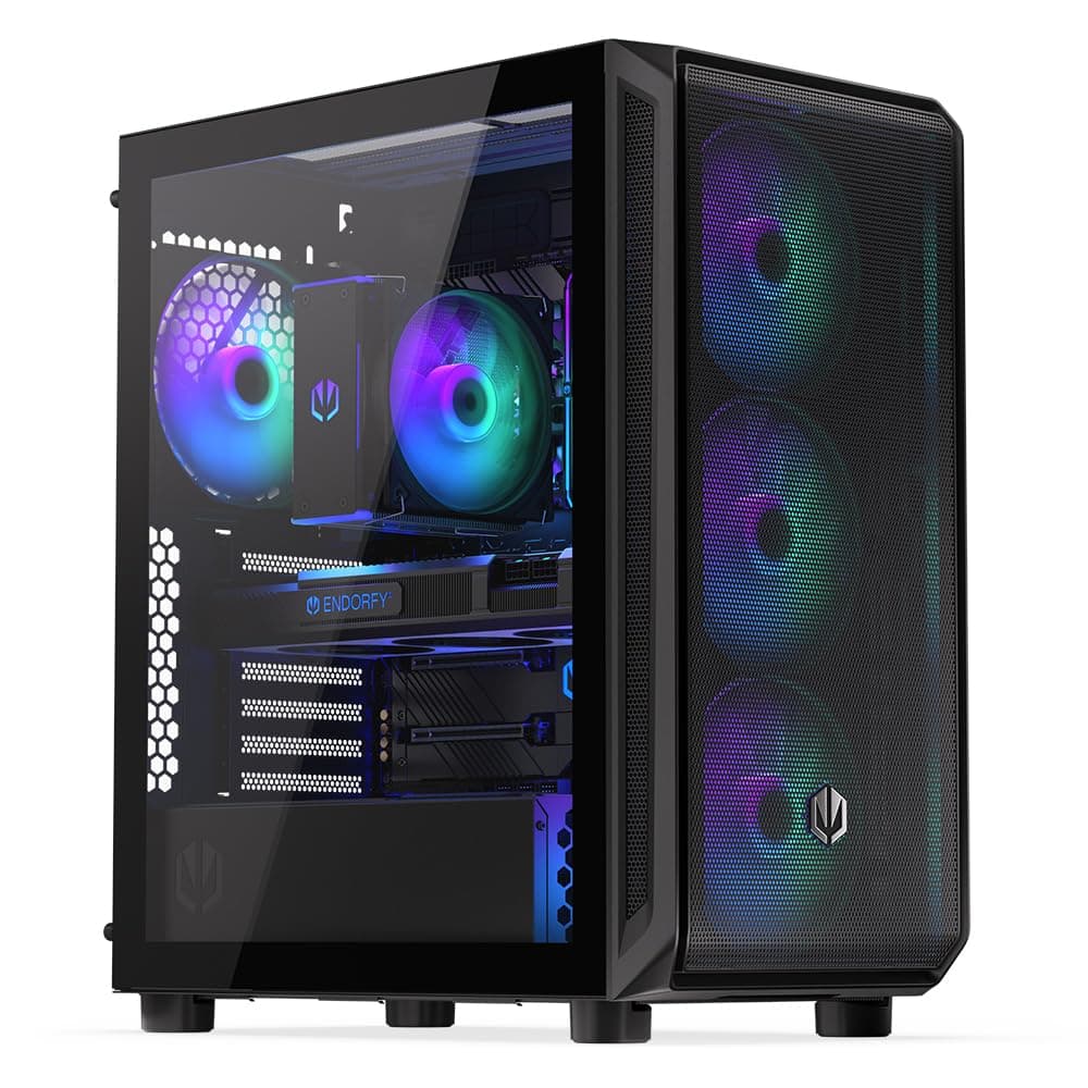 ENDORFY Arx 500 ARGB PC Gehäuse mit Hartglas Seitenfenster | 4× Stratus 140 PWM ARGB Lüfter, USB C, Mesh Front und Top, Unterstützung für 360 mm Radiatoren, GPU bis 350 mm, Schwarz 4x140mm ARGB Fans included