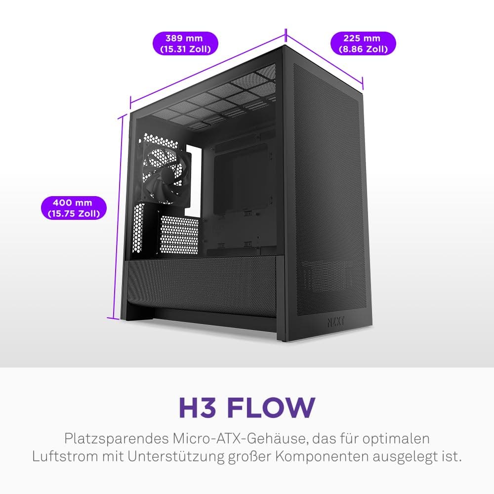 NZXT H3 Flow – Micro-ATX PC-Gehäuse nur für mATX & Mini-ITX Mainboards – Optimierter Luftstrom – Inklusive 1 x 120mm Lüfter hinten – Unterstützt Full-Size-GPUs – Schwarz Schwarz Flow Bild 3