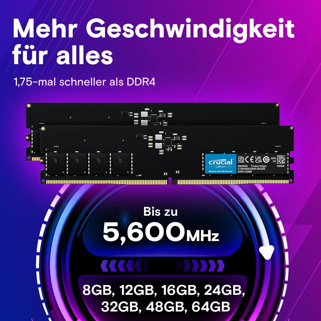 Crucial DDR5 RAM 64GB 5600MHz, PC Computer Arbeitsspeicher, (auch 5200MHz / 4800MHz) CL46 - CT64G56C46U5 5600MHz 64GB Bild 5