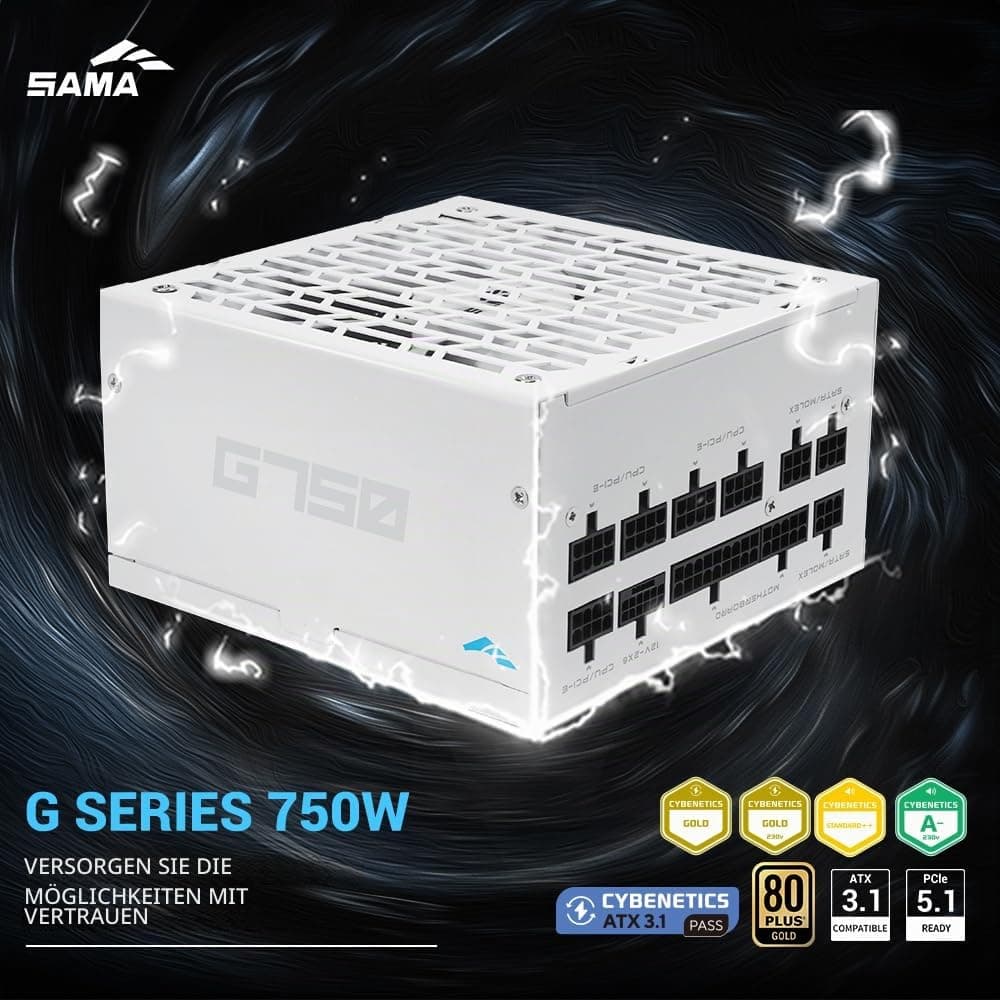 SAMA G750 750 W vollmodulares Netzteil – 80 Plus Gold Zertifiziert | ATX 3.1 & PCIe 5.1 kompatibel | 12 V-2x6-Grafikkarten-Stromstecker, japanische Kondensatoren,kompatibel mit der RTX50-Serie –Weiß G750W Weiß Weiß Bild 3