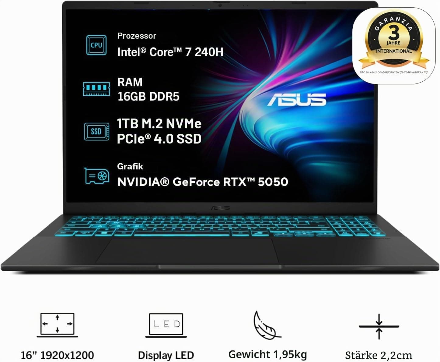 ASUS Vivobook 16 V3607VH#B0DXQCV4JB, Notebook mit Nvidia RTX 5050, 16-Zoll-Monitor mit Anti-Glare, 144Hz, Prozessor Intel Core 7 240H, RAM 16 GB, 1TB SSD, Windows 11 Home, schwarz Bild 2