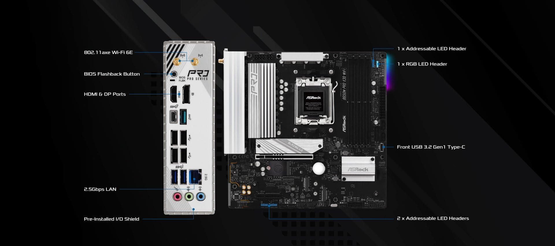 ASRock B650M Pro X3D WiFi 6E AMD AM5 Micro-ATX Motherboard, unterstützt Ryzen 9000/8000/7000 Series Prozessoren, DDR5 8000+ (OC), PCIe 5.0, 2.5G LAN, 8+2+1 Power Phase Bild 5