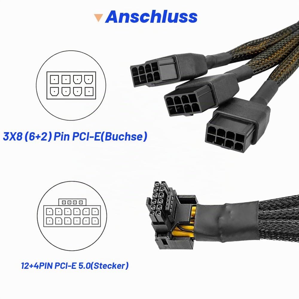 16 AWG PCIE 5.0 12VHPWR 600W 3x8 Pin auf 16Pin (12+4Pin) 90 Grad rechtwinkliges Adapterkabel für Grafikkarte RTX 4090 4080 3090TI 4070Ti (Typ A) Bild 5
