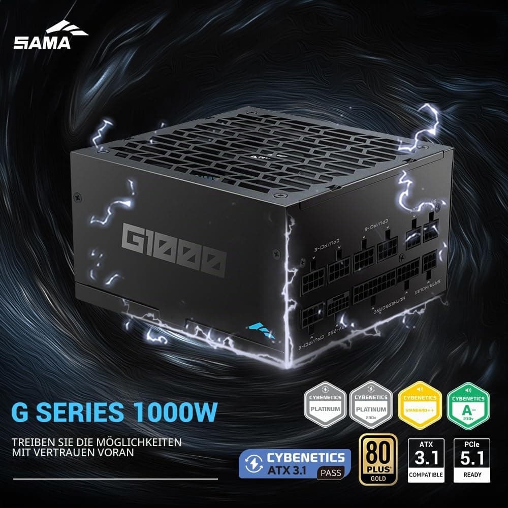 SAMA G1000 1000 W vollmodulares Netzteil – 80 Plus Gold Zertifiziert | ATX 3.1 & PCIe 5.1 kompatibel | 12 V-2x6-Grafikkarten-Stromstecker, fanless ECO-Modus, japanische Kondensatoren– Schwarz G1000W Schwarz Schwarz Bild 3