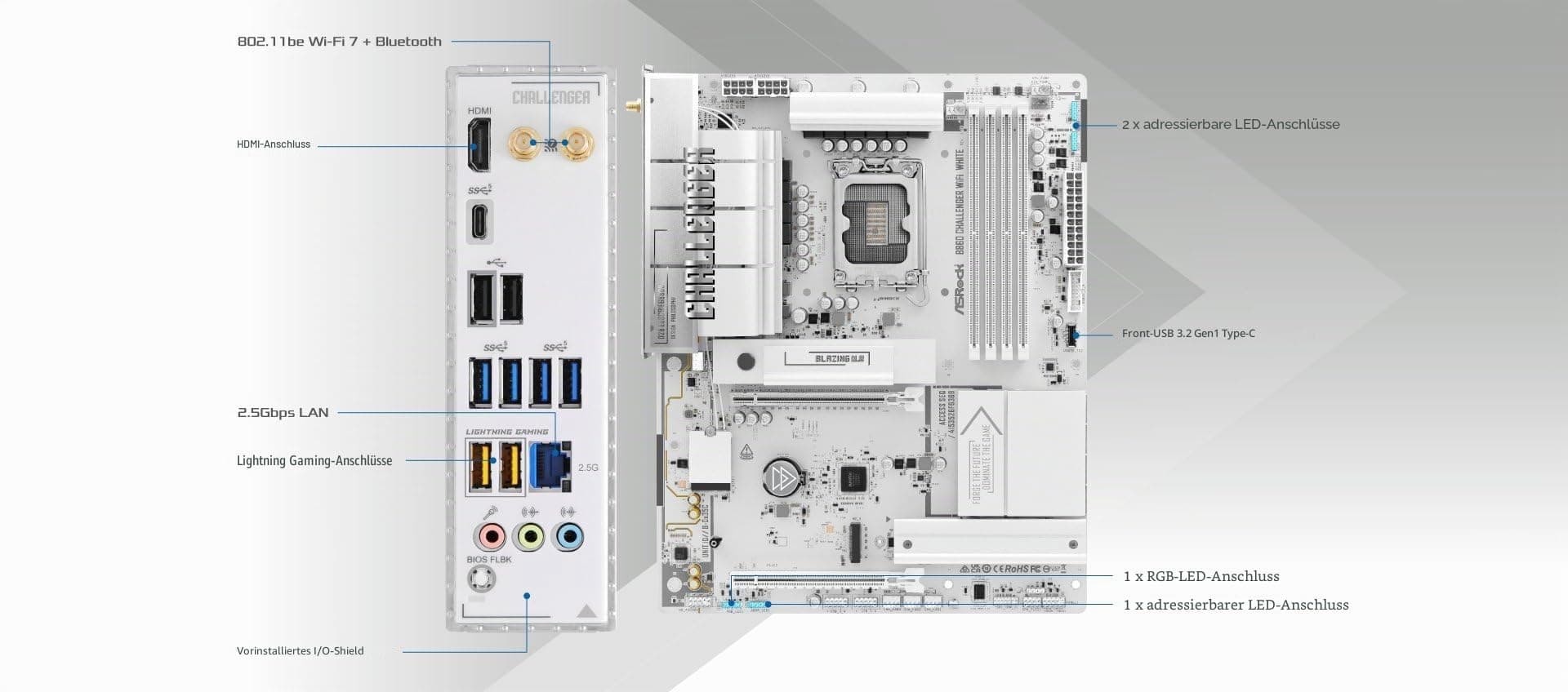 ASRock B860 Challenger WiFi White Mainboard LGA1851 ATX DDR5 bis 256GB WiFi 7 2.5G LAN Bild 5