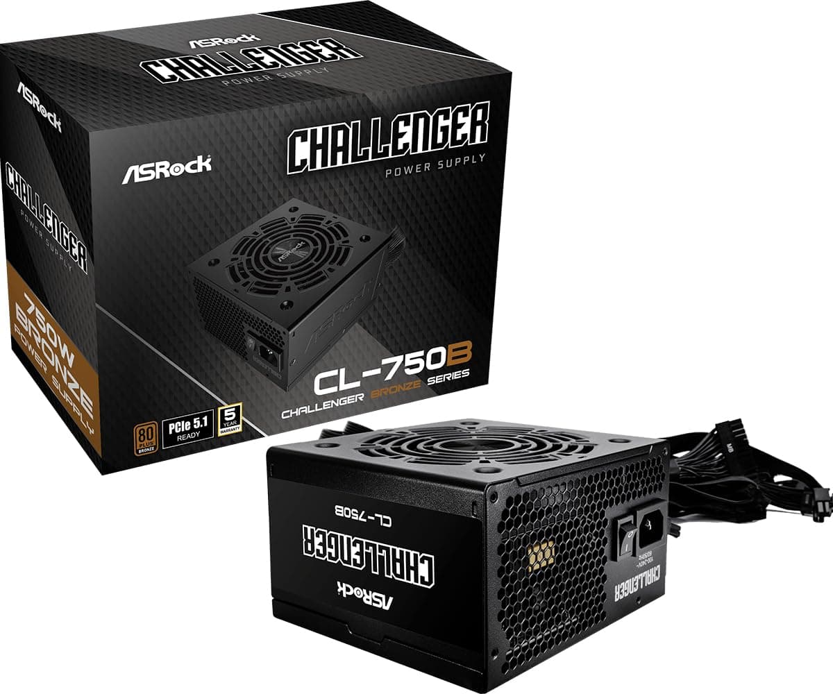 ASRock Challenger 750W Power Supply ATX 3.1 Auto iCOOL Intelligent Fan Control 120mm Golf Blade 5 Years Warranty CL-750G 80 Plus Gold Certified Non-Modular ATX3.1 PCIe5.1 12V-2x6 Cable