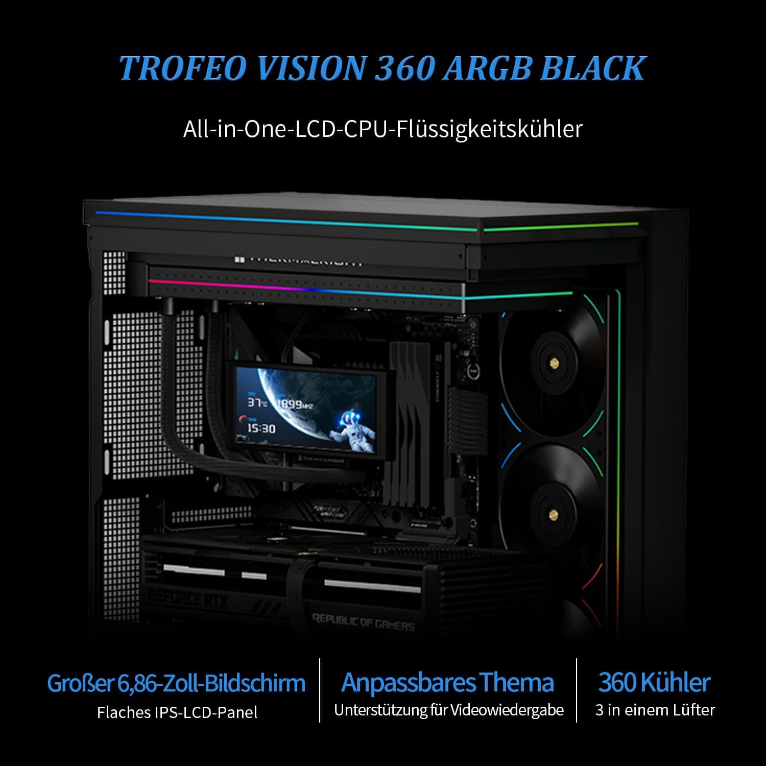 Thermalright Trofeo Vision 360 ARGB Schwarz CPU-Flüssigkeitskühler, für AM4/AM5, Intel LGA1851/1700,6,86-Zoll-Vollfarb-LCD-Display mit 1280x480 Auflösungen,magnetischer Panel-Bildschirm Bild 3