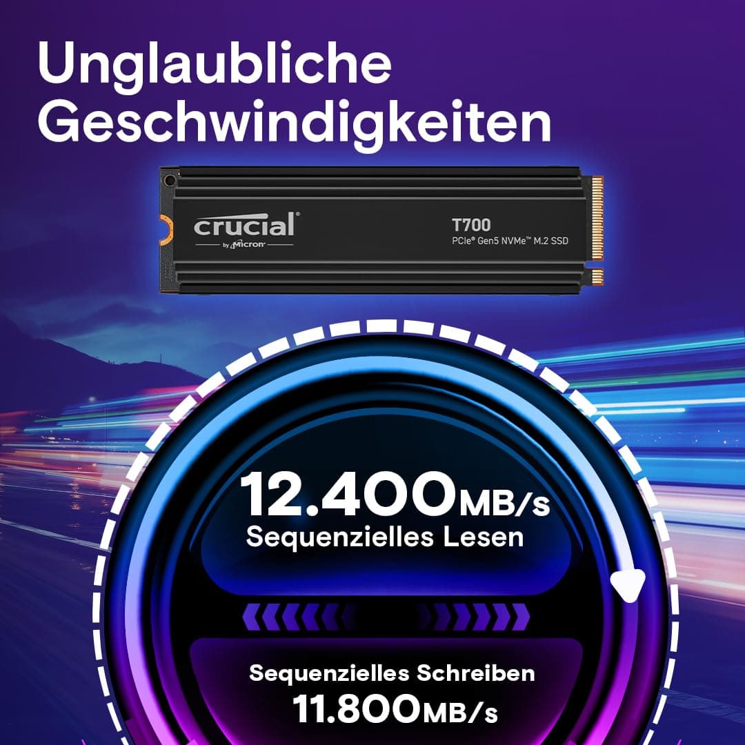 Crucial T700 4TB SSD PCIe Gen5 NVMe M.2 Interne SSD mit Premium-Kühlkörper, bis zu 12.400MB/s, Microsoft DirectStorage, PCIe 4.0 abwärtskompatibel, Solid State Drive - CT4000T700SSD5 Bild 3