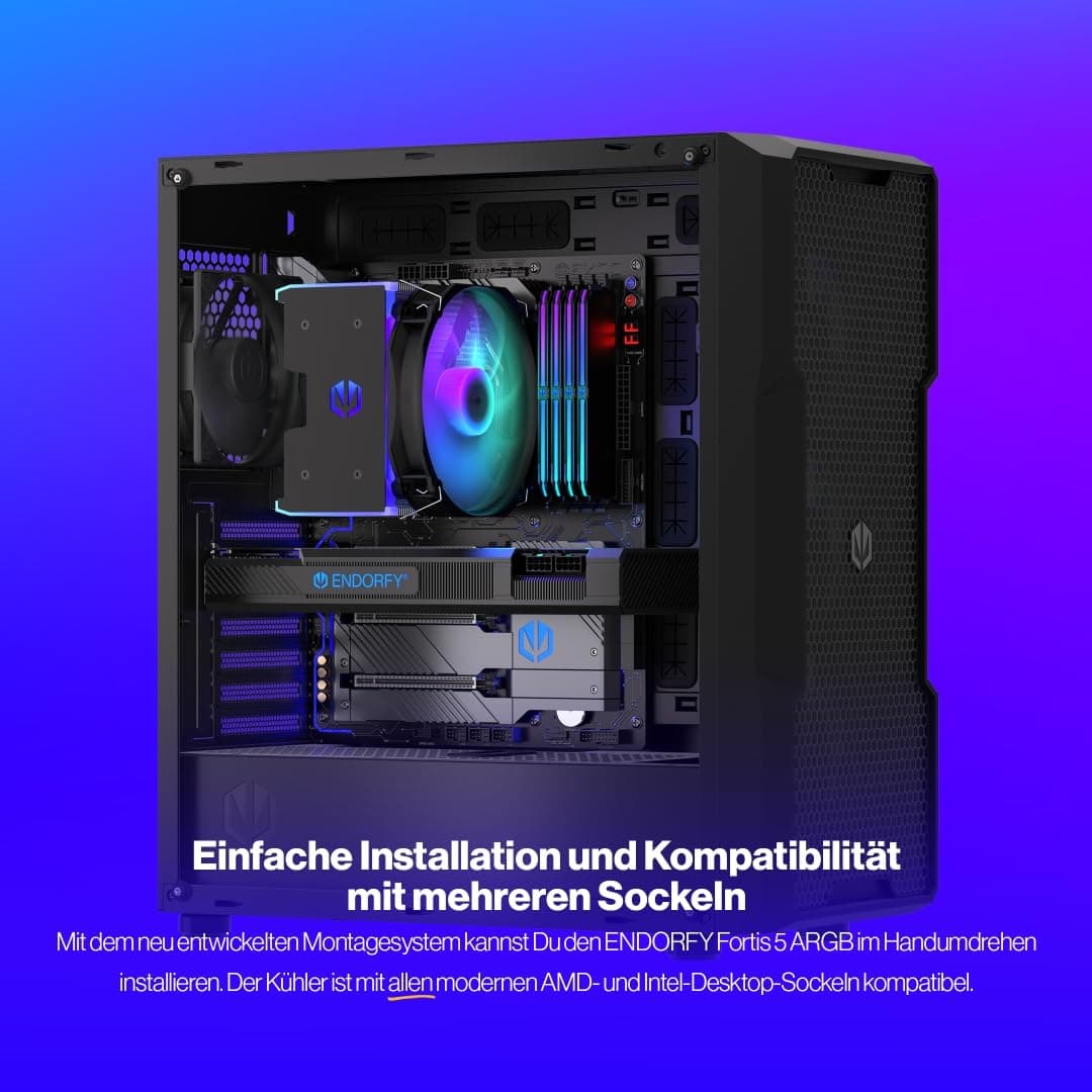 ENDORFY Fortis 5 ARGB CPU Kühler 140 mm PWM, leistungsstarker Prozessorkühler, leiser Tower Kühler, 6 Heatpipes, ARGB LED + Controller, AM5 AM4 LGA1700, 220W TDP Bild 3