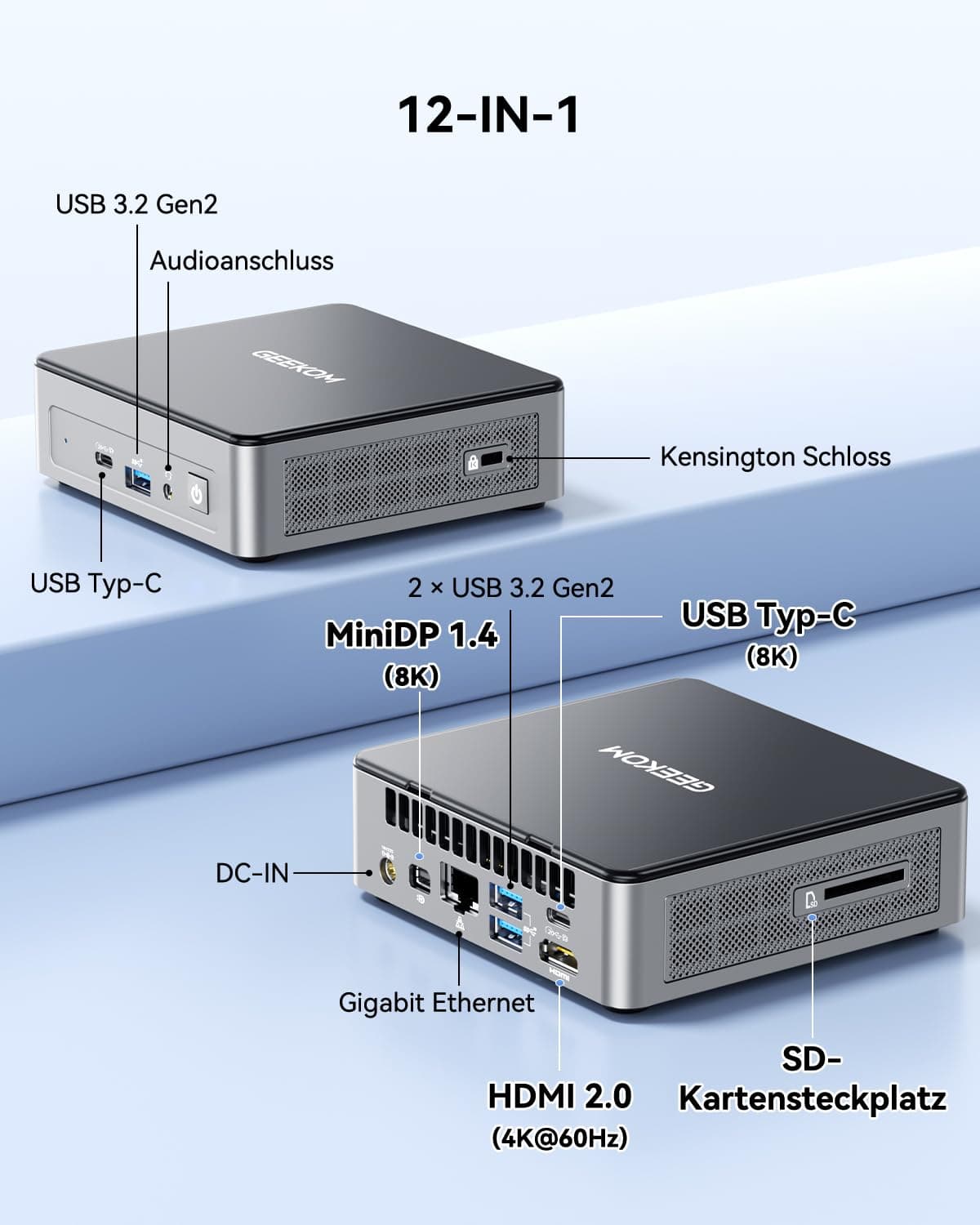 GEEKOM Air12 Mini PC[2026 Edition] mit Intel 7505(N150/N100 Alternative), 16GB DDR4 RAM+ 512GB SSD, Mini PC Window 11 Pro | 5 x USB, Triple 8K Display, SD-Slot, Ideal für Homeoffice/Buissness Air12 (16GB + 512GB) Bild 4