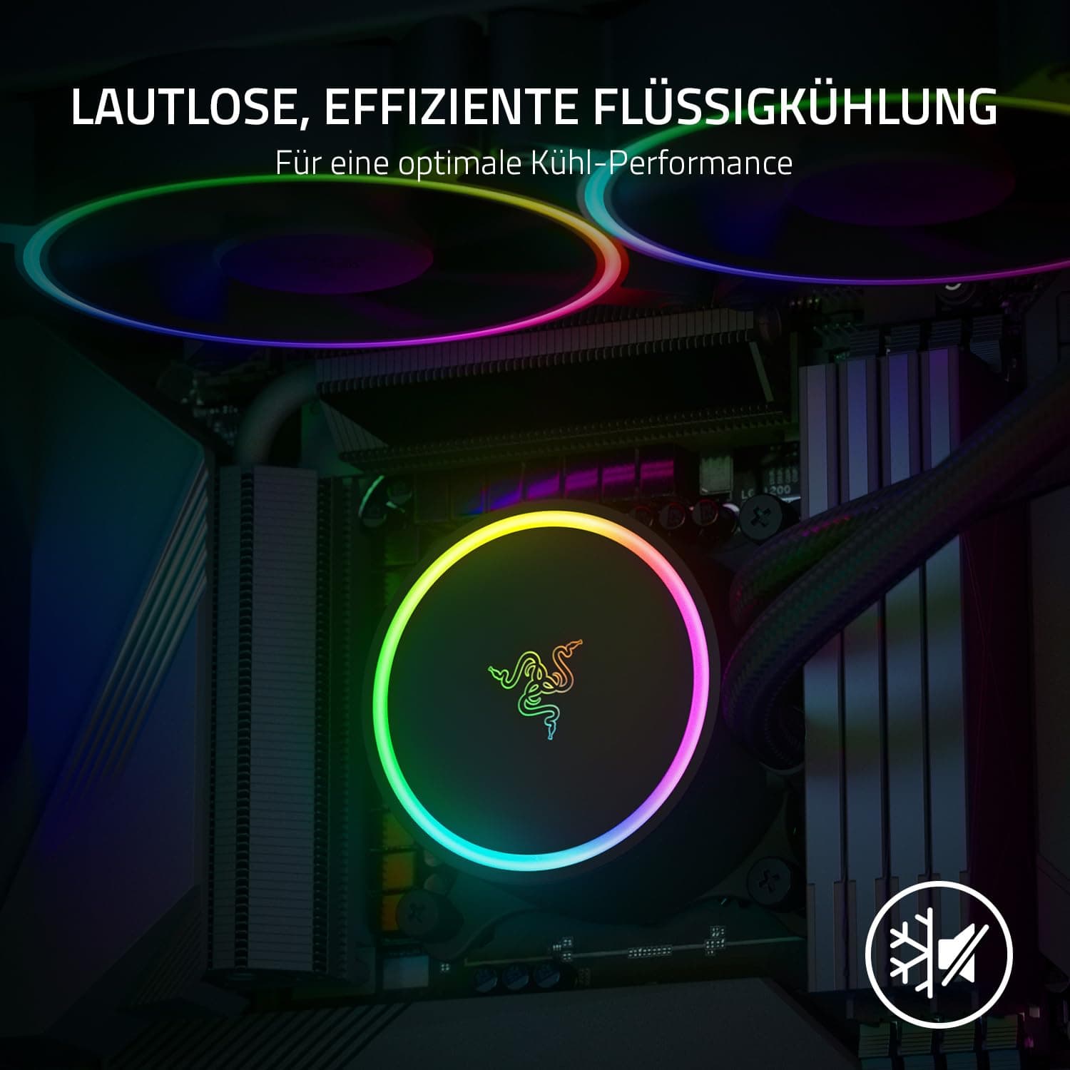 Razer Hanbo Chroma RGB - CPU Flüssig-Kühler mit AIO Liquid Cooler 2x 240mm Lüfter (9-pin Anschluß, Chroma RGB Lüfter, aRGB Pump Cap) Schwarz Bild 3