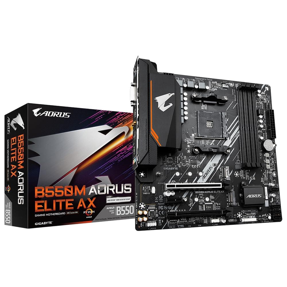 Gigabyte B550M AORUS Elite AX Mainboard - Unterstützt AMD Ryzen 5000 CPUs, 5+3 Phasen Pure Digital VRM, bis zu 4733MHz DDR5 (OC), 1xPCIe 4.0 M.2, Wi-Fi 6E, GbE LAN, USB 3.2 Gen 2