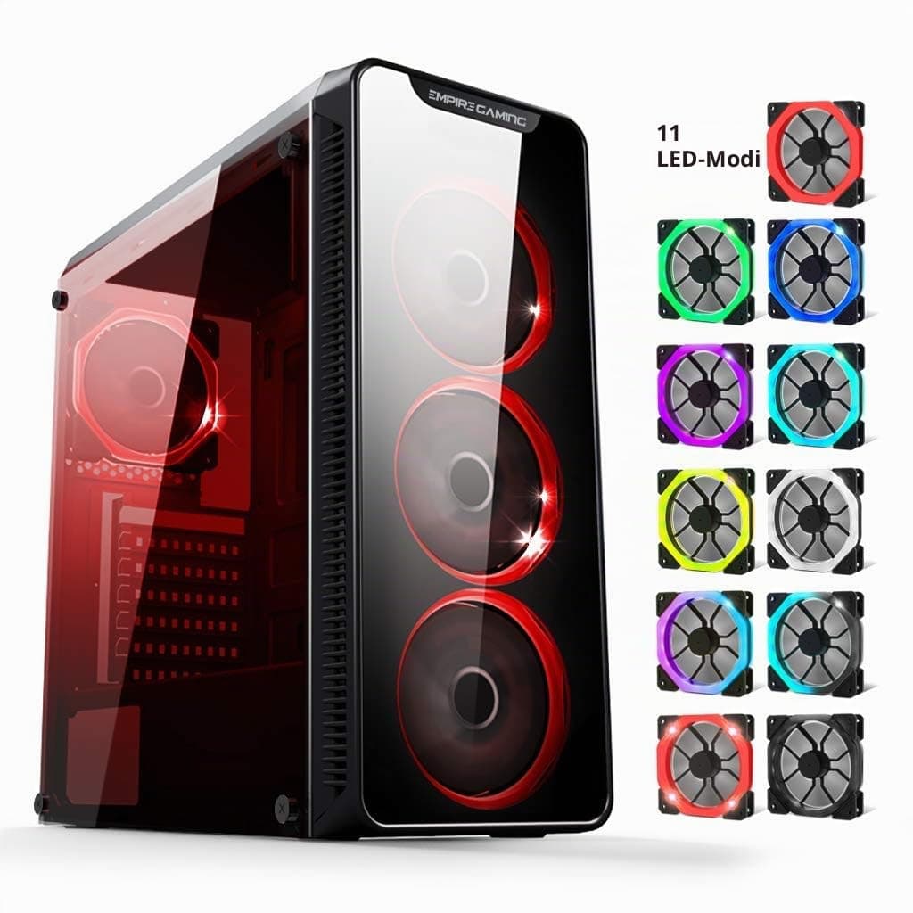 EMPIRE GAMING Warmachine - Gamer-PC-Gehäuse – Mittelgroßer ATX Gehäuseturm - 4 Geräuschlose Lüfter - LED-RGB-Dual-Ring: Rückbeleuchtung mit 11 Modi - Front und Seite aus Vorgespanntem Glas Bild 3