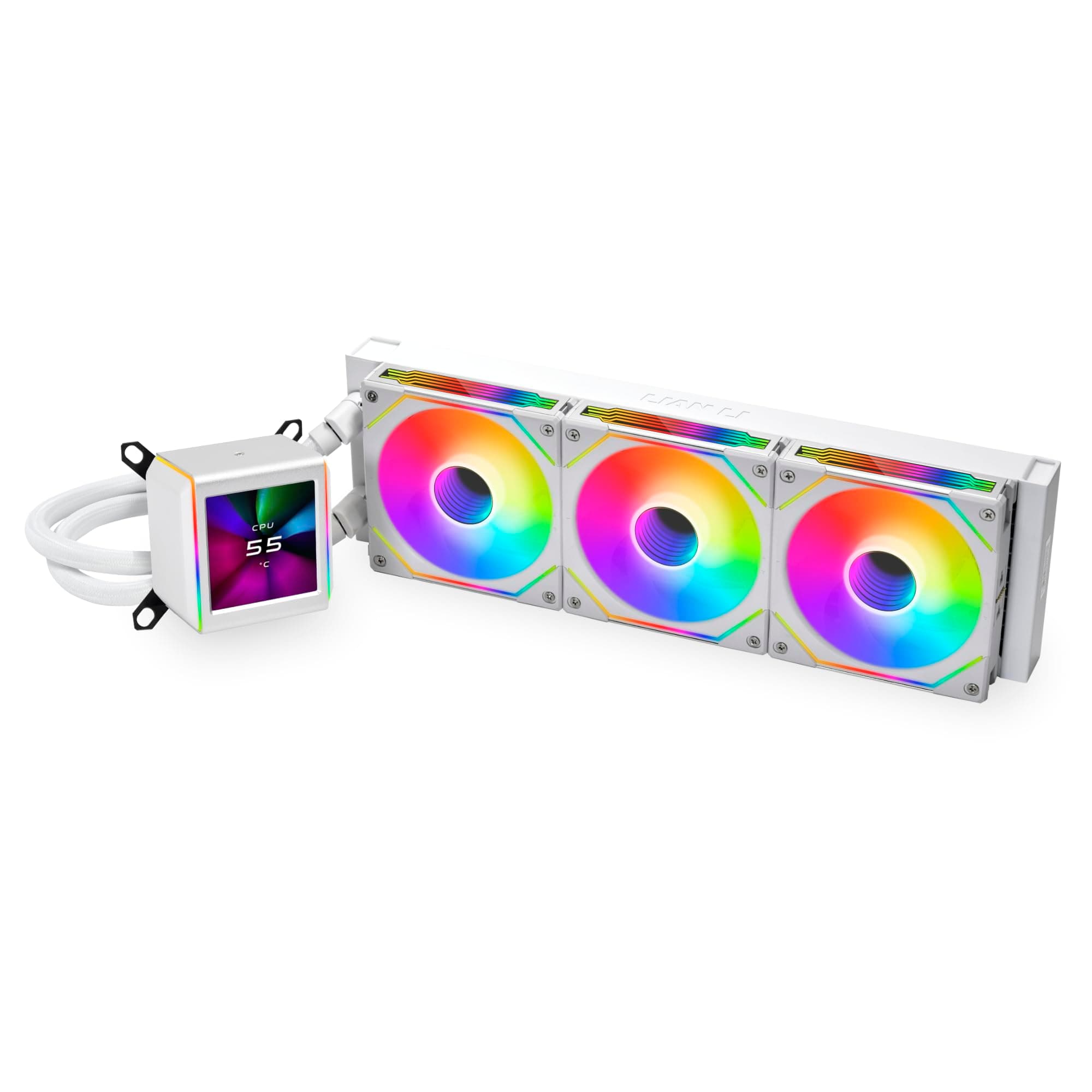 Lian Li Galahad LCD AIO CPU-Kühler, Hochleistungs-ARGB-Lüfter, LCD-Bildschirm, 45-Grad-Anschlüsse, Asetek-Pumpe der 8. Generation, 280mm, Weiß Bild 3