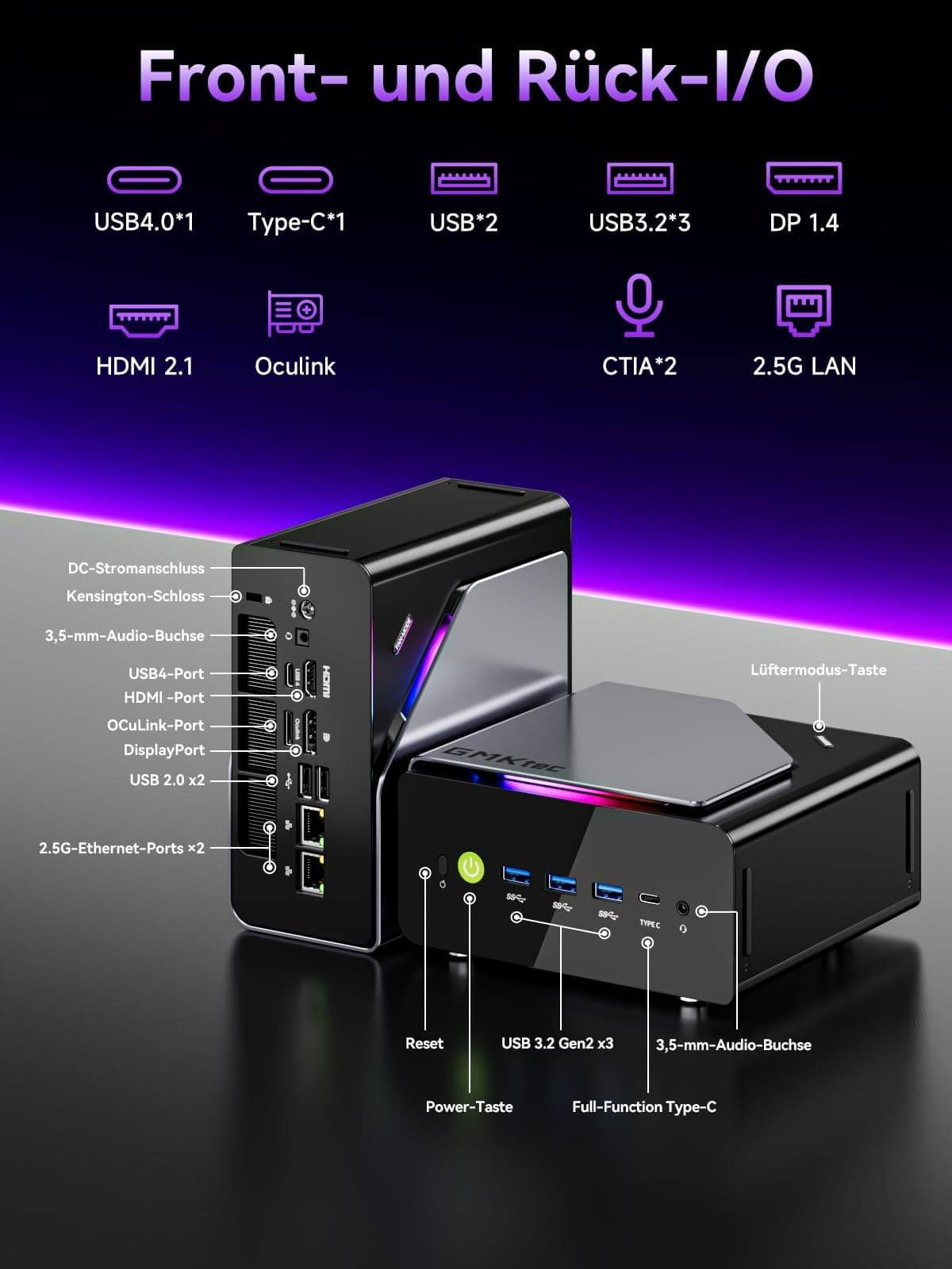 GMKtec Mini Gaming PC Intel Ultra 5 125U(12K/14T Bis zu 4.3GHz), K15 Mini PC 32GB DDR5 4800, 512GB PCIE 4.0 x4, Micro PC mit USB4.0 | 2.5G LAN | Quad 4K Display | Oculink –für Gaming/Büro/Business 32 GB 512.0 GB Bild 7
