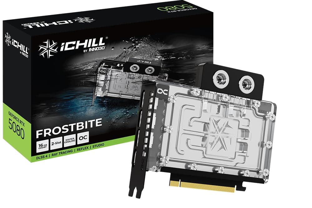 INNO3D NVIDIA GeForce RTX 5080 iCHILL Frostbite 16GB GDDR7 Waterblock Graphics Card (Waterblock, 2 Slot, Reflex 2 RTX AI DLSS4)