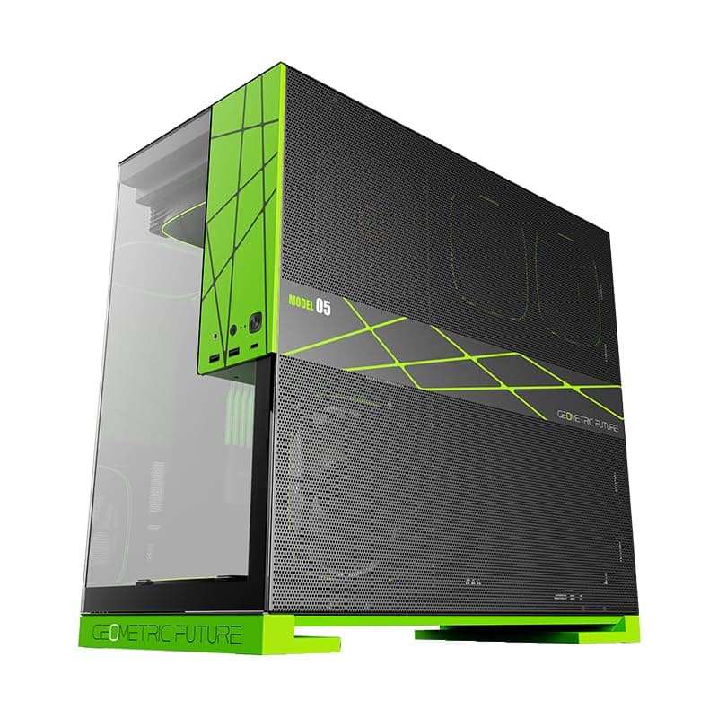 Geometric Future M5 Tempered Glass Mid Tower, E-ATX/ATX Gaming Case, 1.2mm Steel, Type C, Toolless Panels, Support 420/360 Radiator, ARGB PWM 140m Fan x 5 Pre-Installed, Black/Green, GEO-M5F-BNY schwarz/grün Glasver mit 140 x 5 Lüftern Bild 7