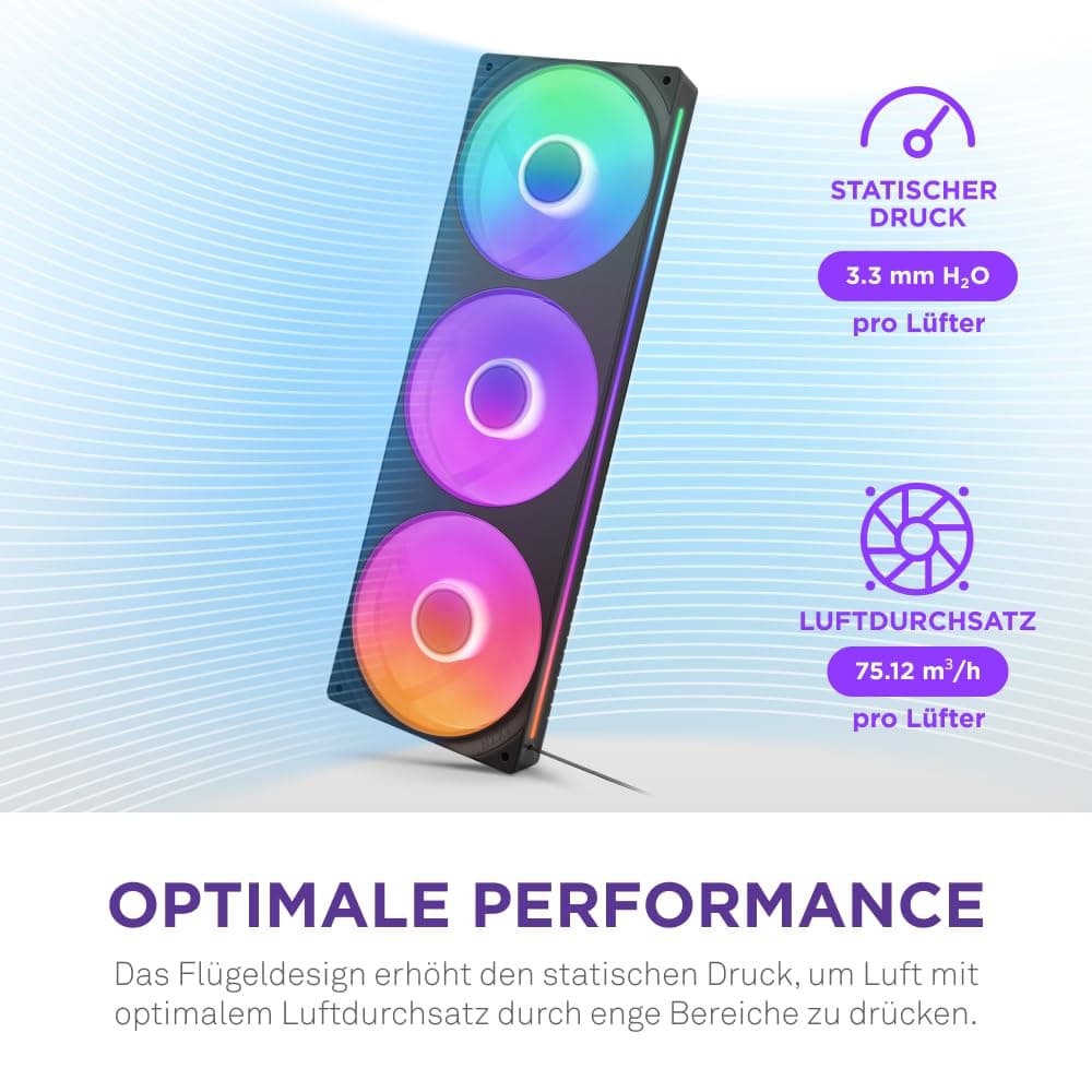 NZXT F360 RGB Core - 360 mm Einzelrahmen-Lüftereinheit mit 3 x 120 mm RGB-Lüftern - Drehzahl- und Beleuchtungssteuerung - Hoher statischer Druck und Luftstrom - 8 aRGB-LEDs pro Lüfter - Schwarz Schwarz 360mm Bild 8