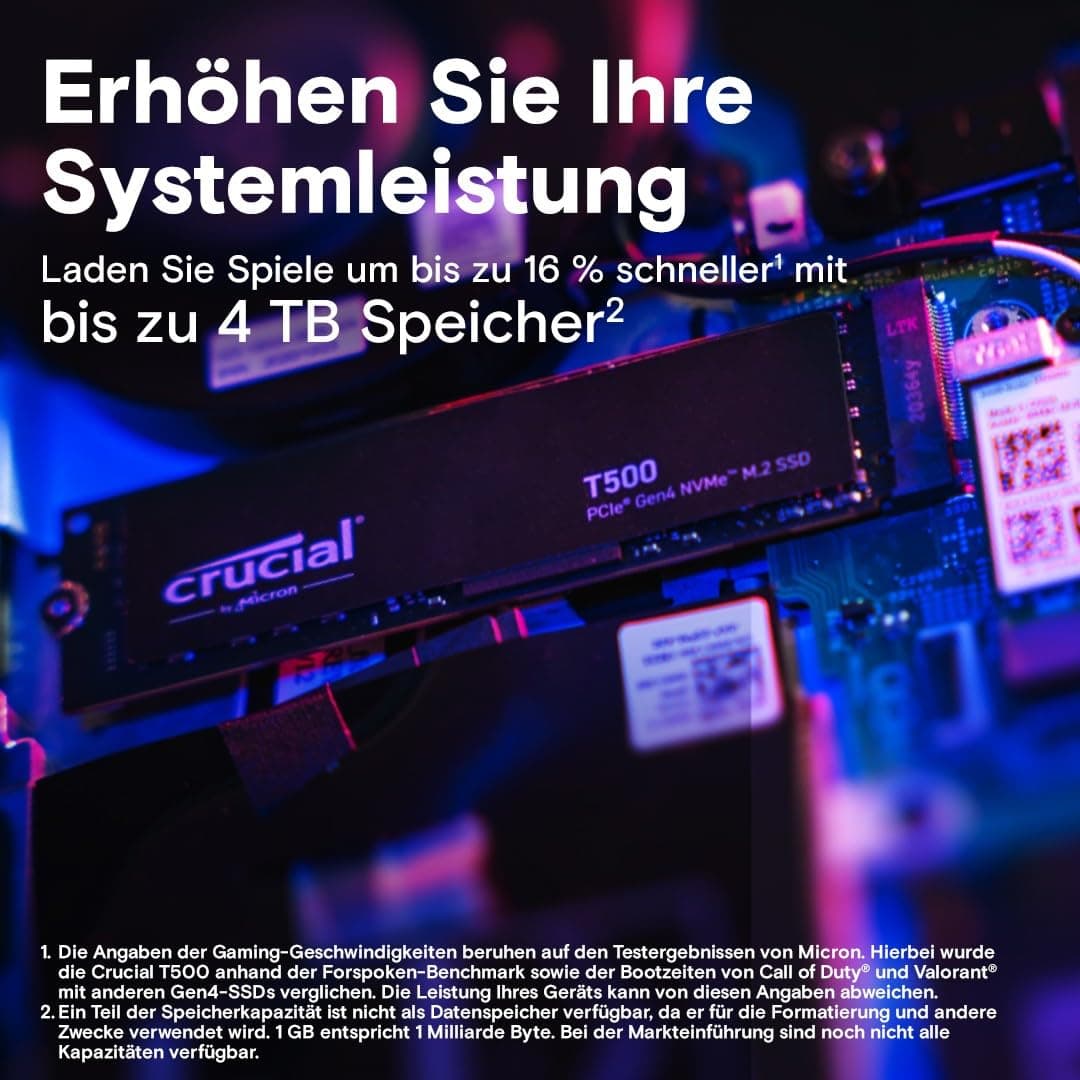Crucial T500 SSD 1TB PCIe Gen4 NVMe M.2 Interne Festplatte, bis 7300 MB/s, TLC NAND, kompatibel mit Laptop und Desktop, Microsoft DirectStorage - CT1000T500SSD8 Bild 4
