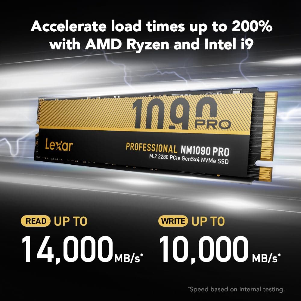 Lexar NM1090 PRO 1 TB PCIe Gen5 NVMe M.2 2280 interne SSD bis zu 14000/10000 MB/s Lese/Schreiben, fortschrittliches thermisches Steuerungsdesign, kompatibel mit Direktspeicher, für Gamer und NM1090 PRO 1TB Bild 3