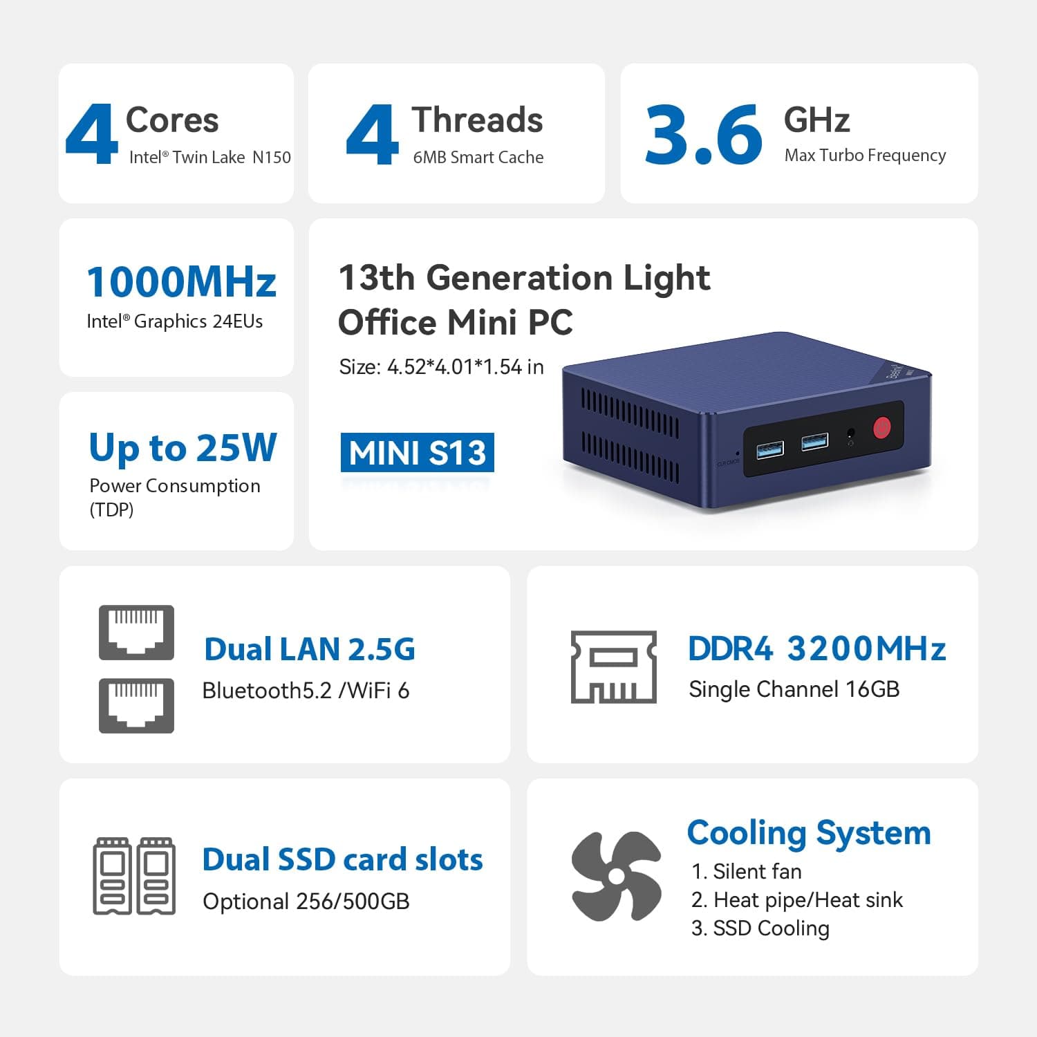 Beelink MINI-S13 Mini PC, Intel Twin Lake-N150 Processor (bis zu 3.60GHz) Mini Computer, 16GB DDR4 500GB M.2 SSD Windows 11 Home Offoce Mini Desktop PC, 4K HDMI WiFi6/BT5.2/Dual 2.5G LAN S13/16G/500G/N150/2.5G*2 Bild 2