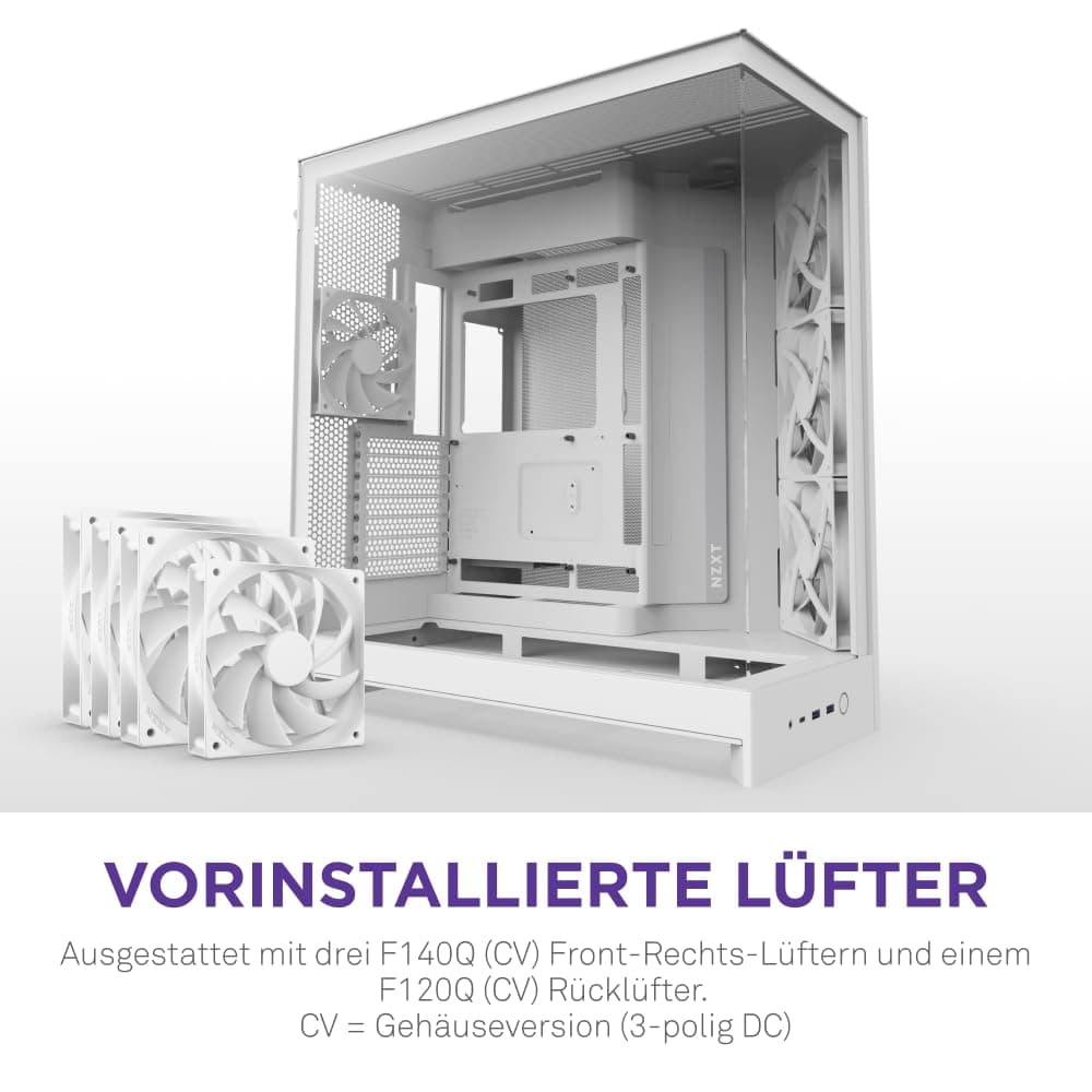 NZXT H9 Flow (2025) – Großes Dual-Kammer ATX Mid-Tower Airflow PC-Gehäuse – Enthält 3 x 140mm & 1 x 120mm Lüfter – 420mm Radiatorunterstützung – Gehärtetes Glas – Back-Connect bereit – Weiß Weiß Flow Bild 5