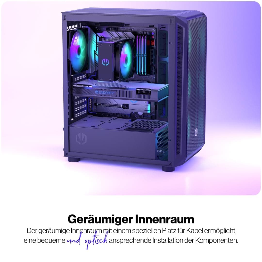 ENDORFY Arx 500 ARGB PC Gehäuse mit Hartglas Seitenfenster | 4× Stratus 140 PWM ARGB Lüfter, USB C, Mesh Front und Top, Unterstützung für 360 mm Radiatoren, GPU bis 350 mm, Schwarz 4x140mm ARGB Fans included Bild 3