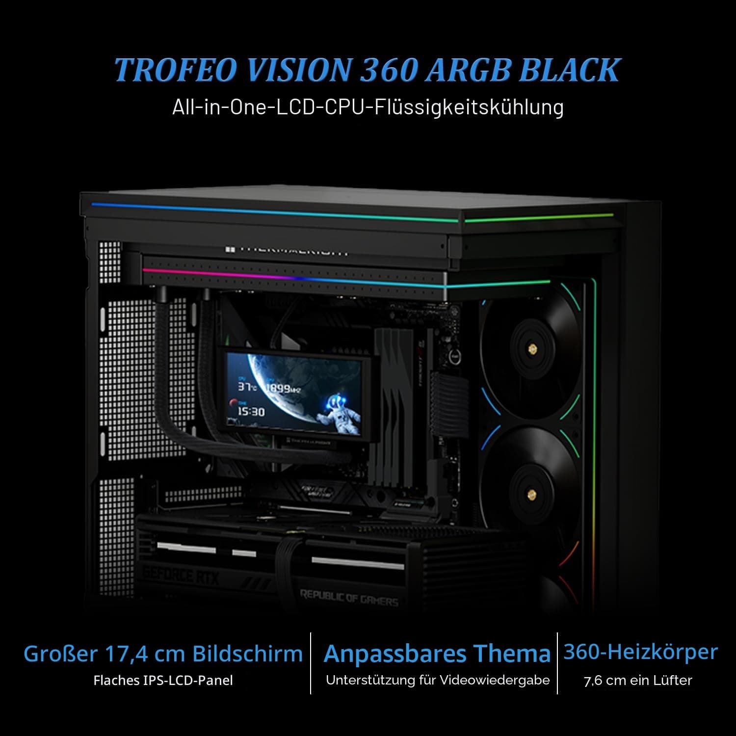 TR-Trofeo Vision 360 ARGB Schwarz CPU Aio Kühler, CPU Wasserkühlungssystem, 6,86 Zoll langer IPS-Bildschirm mit 1280x480 Auflösung, für AM4 / AM5, LGA1851 / 1700, BLACK Bild 3