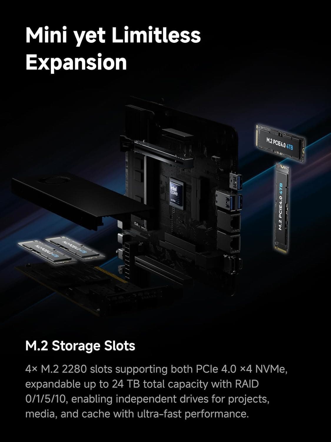 MINIS FORUM MS-02 Ultra Workstation Mini PC, Intel Core Ultra 9 285HX (24C/24T, bis zu 5.5GHz), 32GB RAM, 1TB SSD, PCIe 5.0 x16,4× DDR5(ECC), 4× M.2, USB4 v2,Dual 25GbE+10GbE+2.5GbE(vPro), Wi-Fi 7 MS-02U-285HX 32/1TB Bild 3