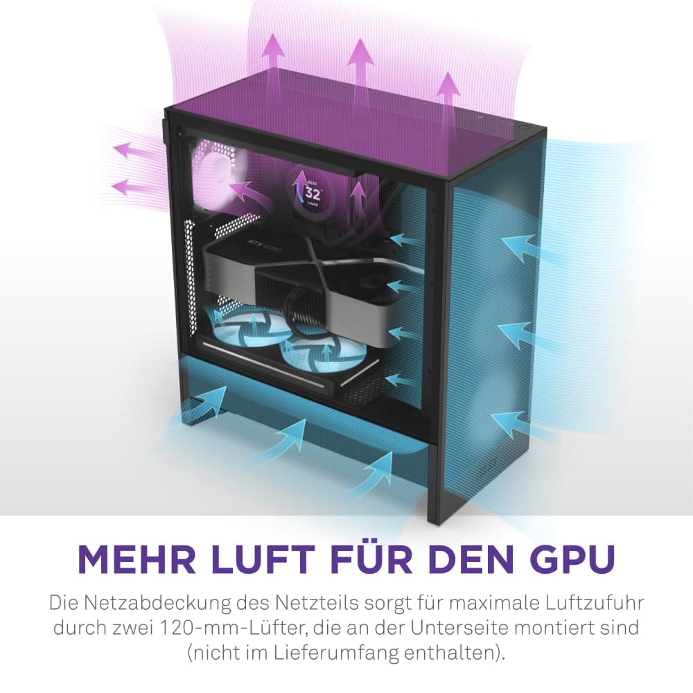 NZXT H5 Flow - Compact ATX Mid-Tower PC Gaming Case - High Airflow - 2 x 120mm Fans Included - 360mm Front & 240mm Top Radiator Support - Cable Management System - Tempered Glass - Black Flow Schwarz Bild 5