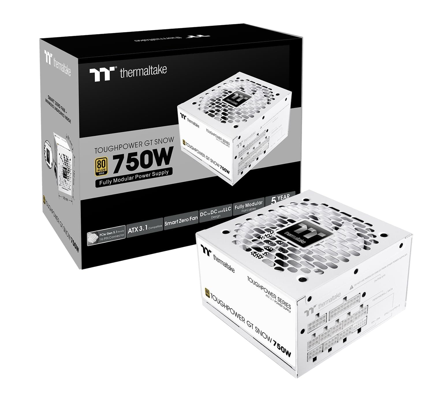 Thermaltake Toughpower GT 750W | ATX 3.1 | 80 Plus Gold | vollmodulares Netzteil | PCIe 5.1 12V-2x6 (12+4) | Smart Zero Fan sehr leise | Snow (Weiß) | 5 Jahre Garantie 750W Weiß