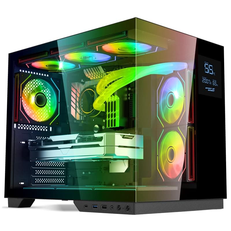 Spirit of Gamer - Viper CRX, Gaming PC Gehäuse Aquarium ATX/mATX/ITX, 6 ARGB PWM Lüfter, 270° Hartglas, LCD Display, Unterstützung für 360 mm Wasserkühlung, USB-C, Kabelmanagement, SPCC Stahl Schwarz